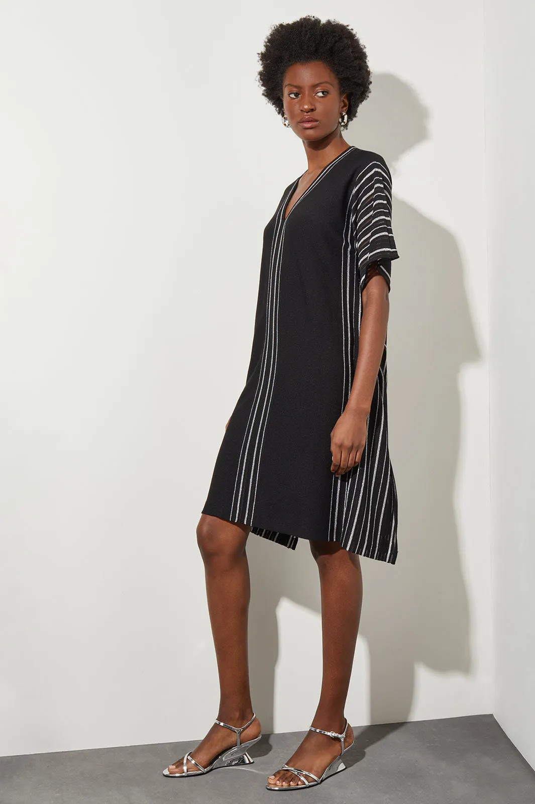 Knee Length Shift Dress - V-Neck Stripe Soft Knit