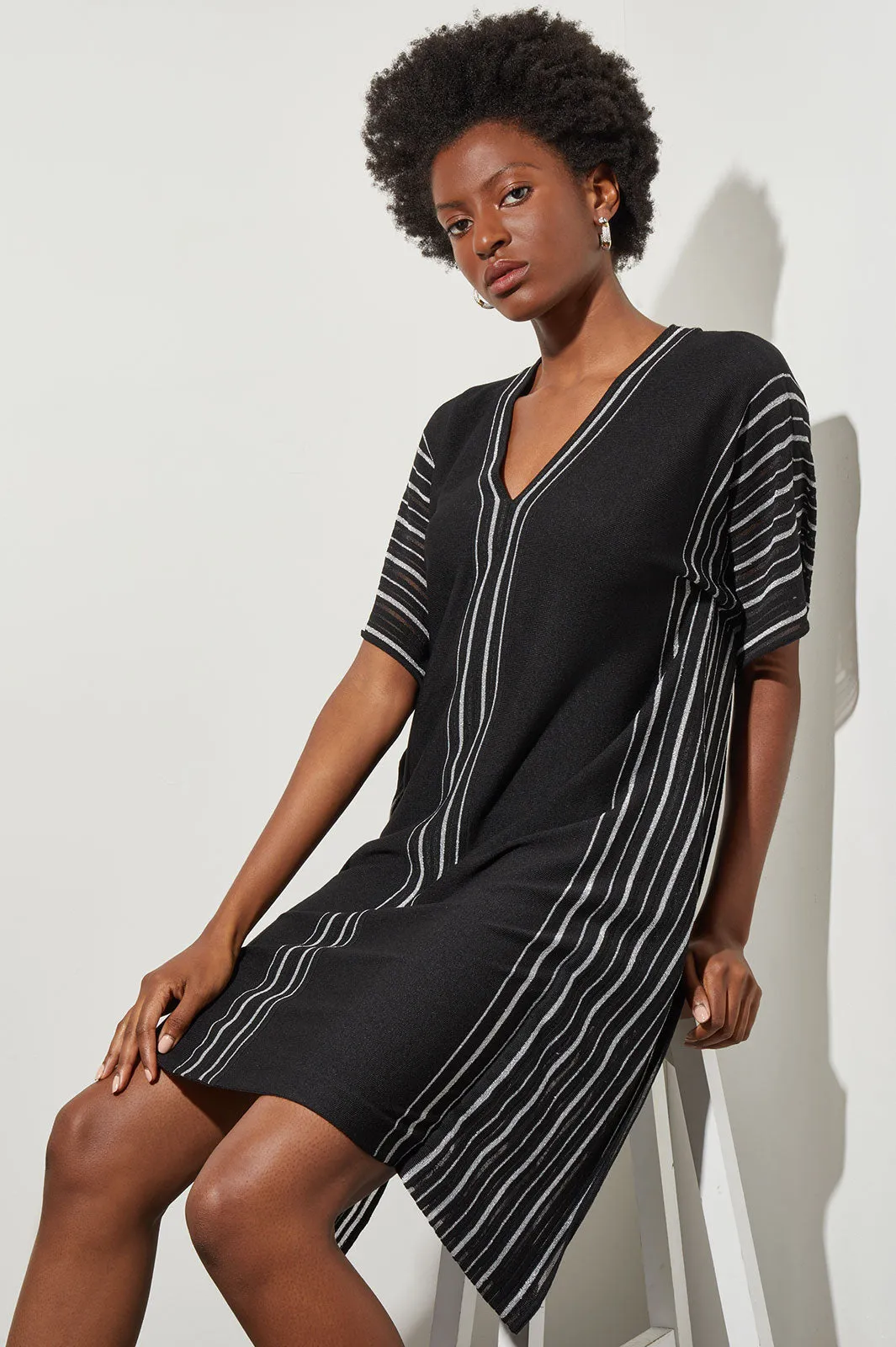 Knee Length Shift Dress - V-Neck Stripe Soft Knit