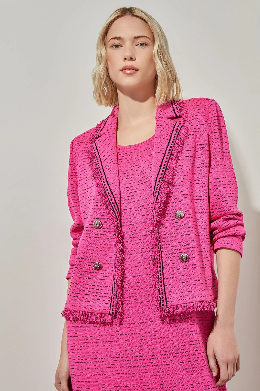 Lapel Collar Jacket - Eyelash Trim Knit, Carmine Rose