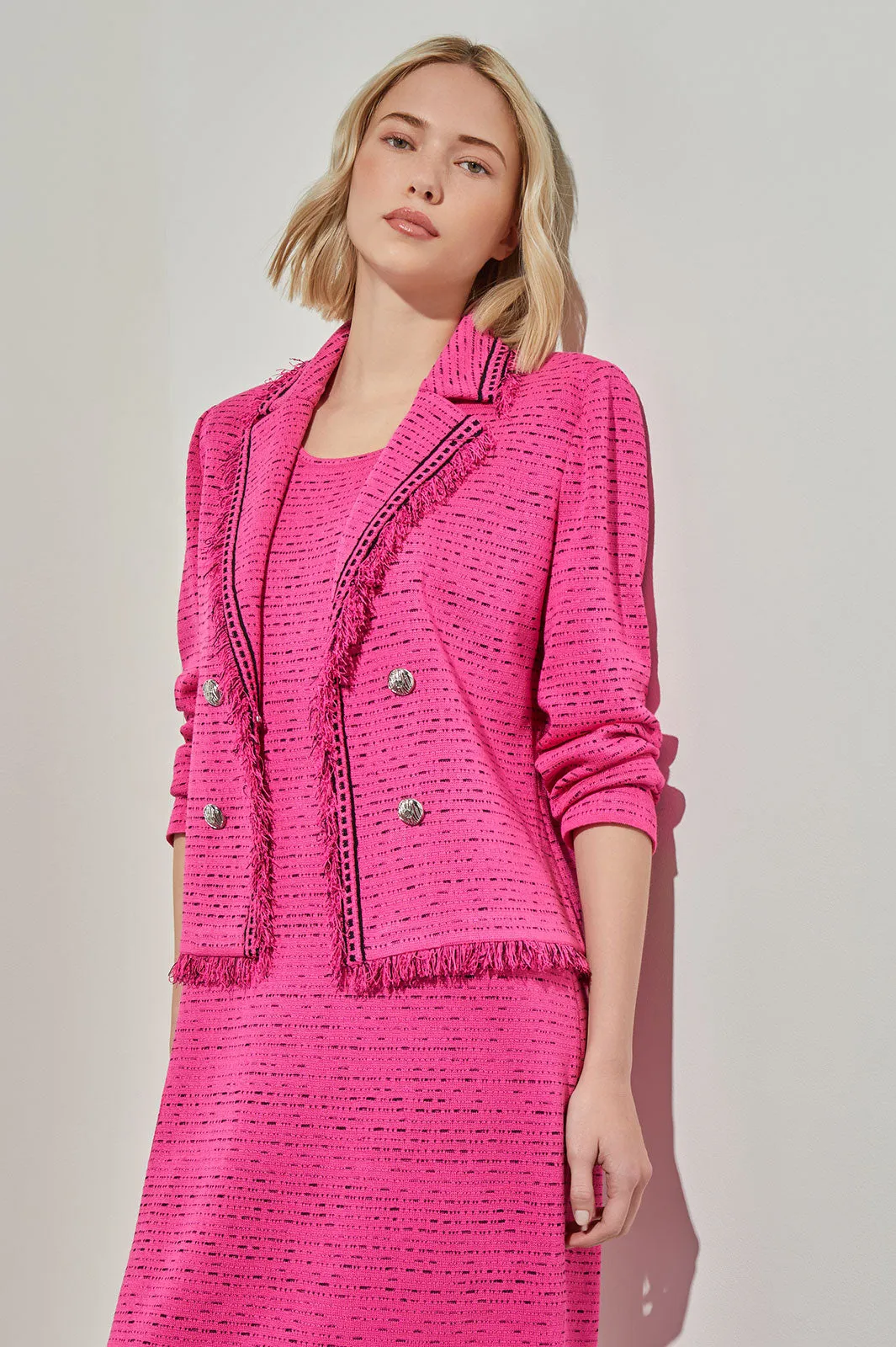 Lapel Collar Jacket - Eyelash Trim Knit, Carmine Rose