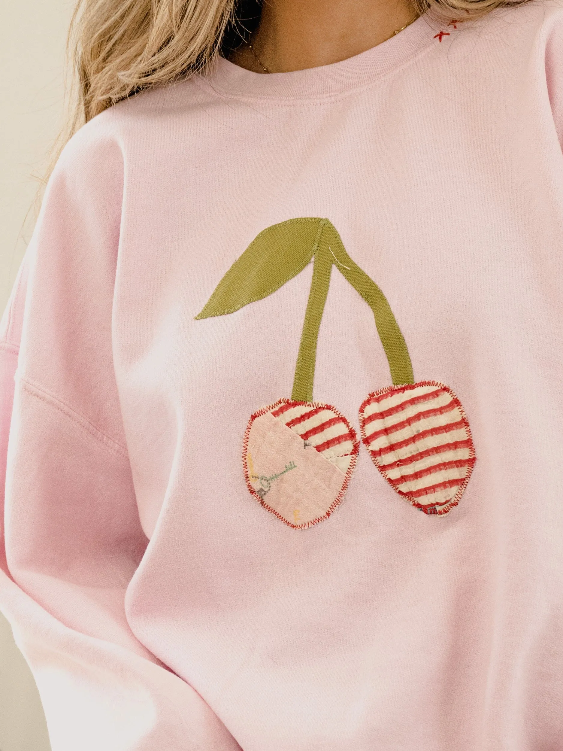 Large Cherry Quilted Applique Pink Thrifted Sweatshirt