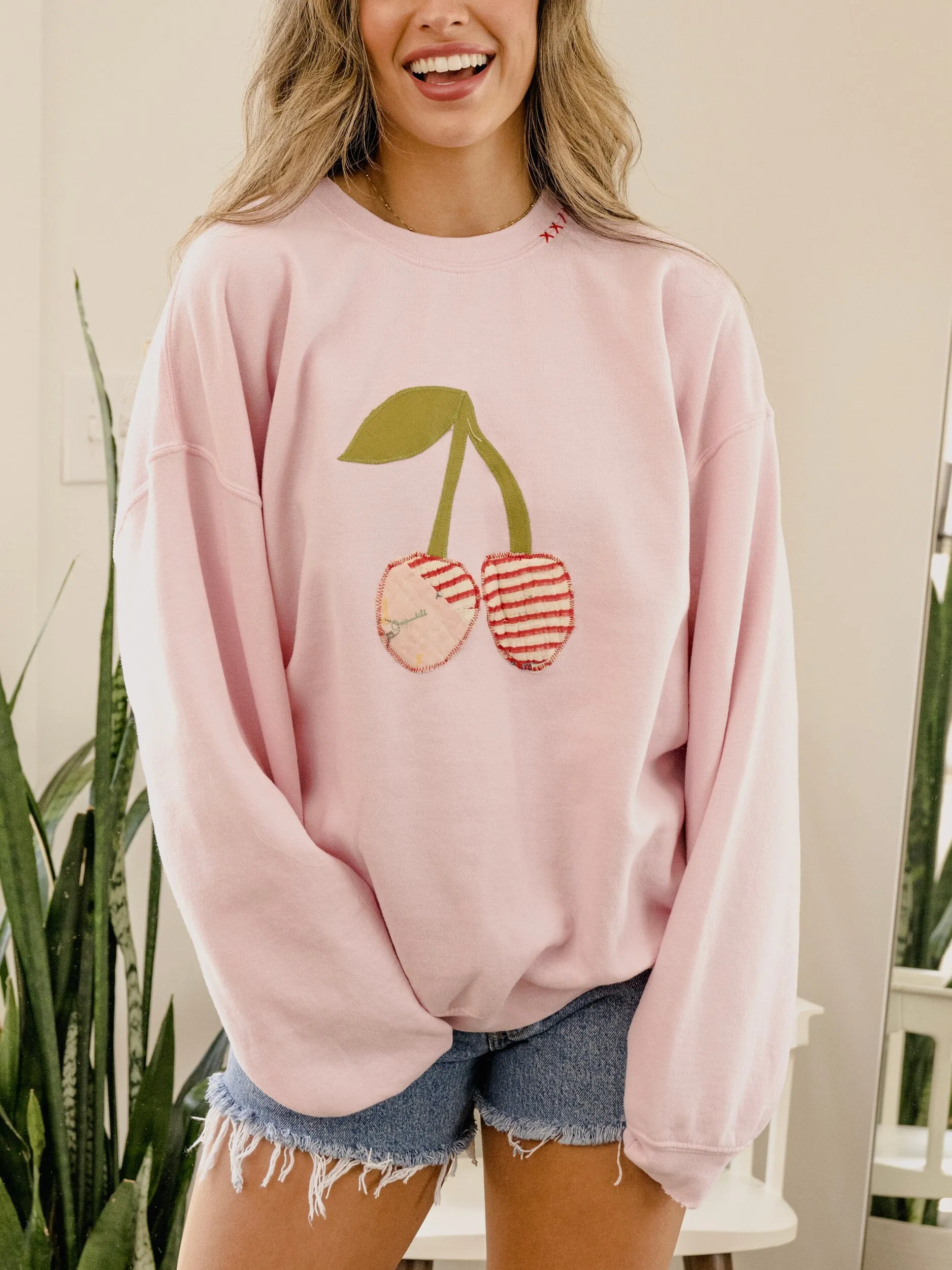 Large Cherry Quilted Applique Pink Thrifted Sweatshirt