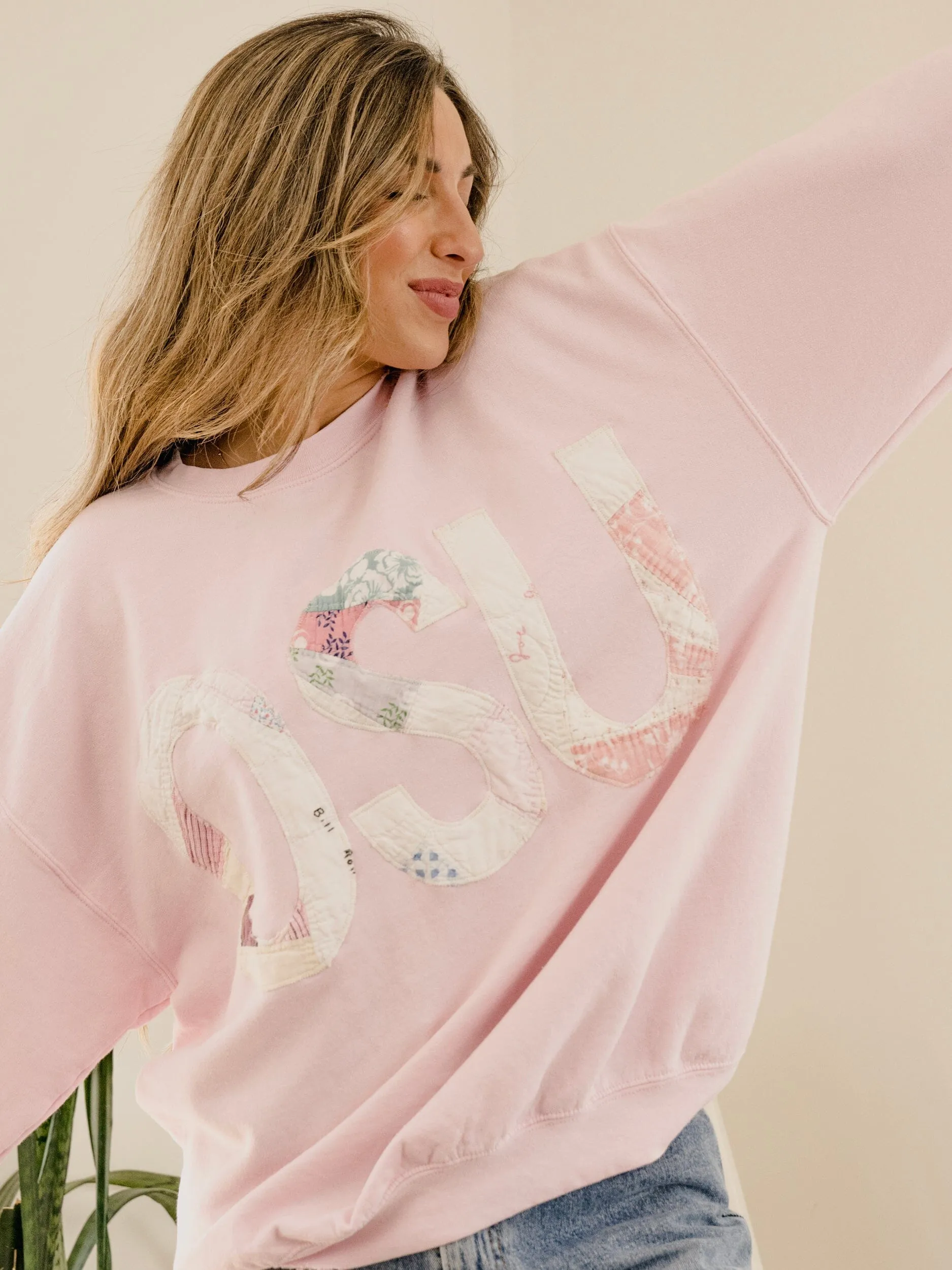 Large OSU Quilted Applique Pink Thrifted Sweatshirt