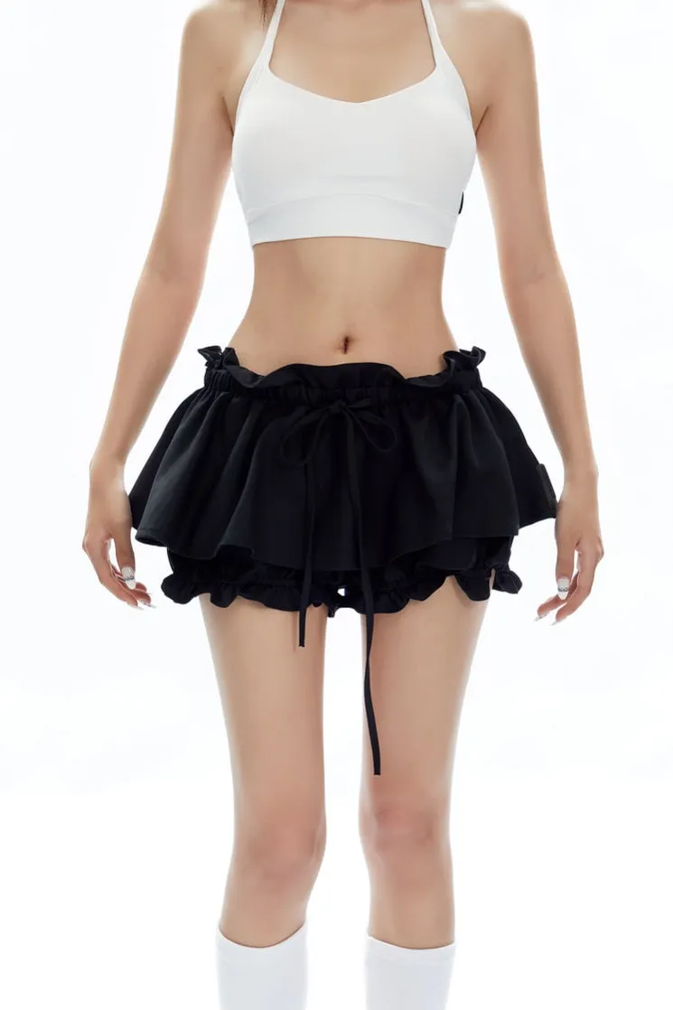 Layered Ruffle Mini Skirt Shorts with Drawstring Detail