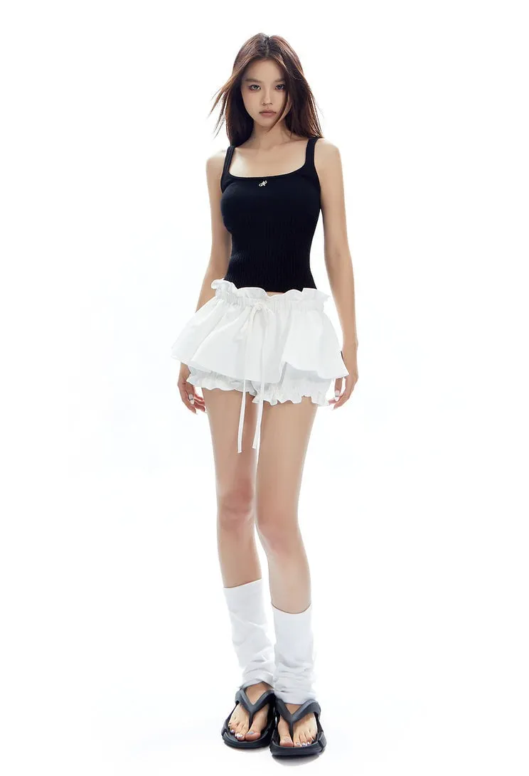 Layered Ruffle Mini Skirt Shorts with Drawstring Detail