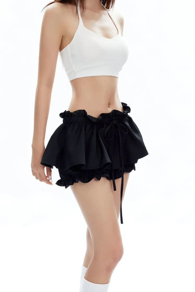 Layered Ruffle Mini Skirt Shorts with Drawstring Detail