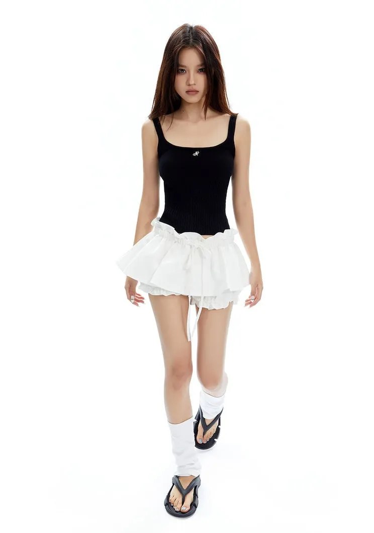 Layered Ruffle Mini Skirt Shorts with Drawstring Detail