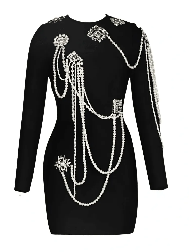 Long Sleeve Luxury Beaded Chain Black Velvet Mini Dress Women