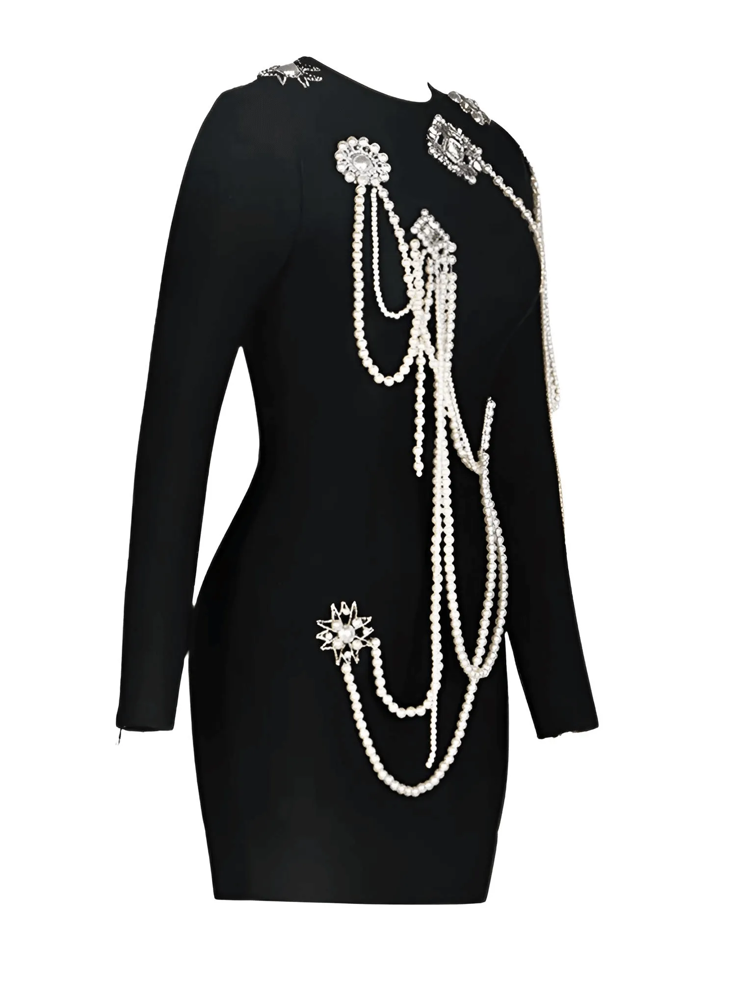 Long Sleeve Luxury Beaded Chain Black Velvet Mini Dress Women