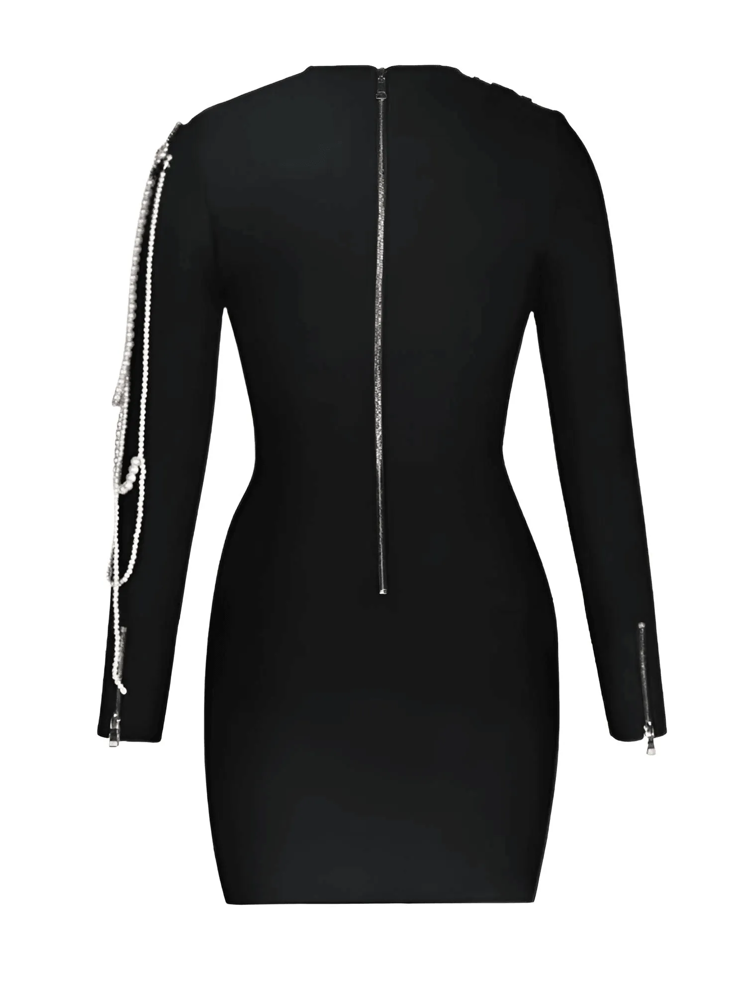 Long Sleeve Luxury Beaded Chain Black Velvet Mini Dress Women