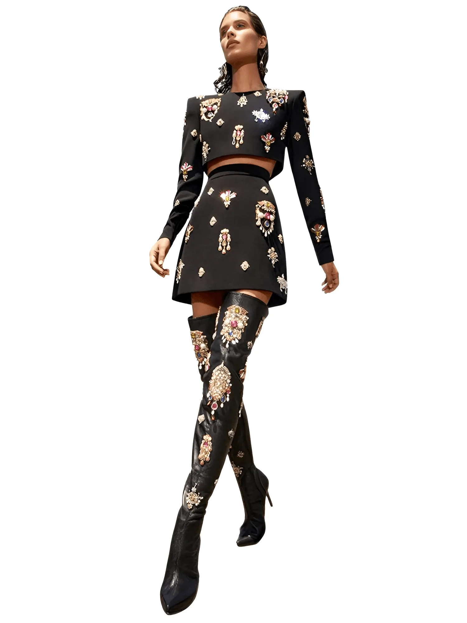 Luxury Colorful Diamond Beaded Long Sleeve Black Short Top   Skirt Two-Piece Set