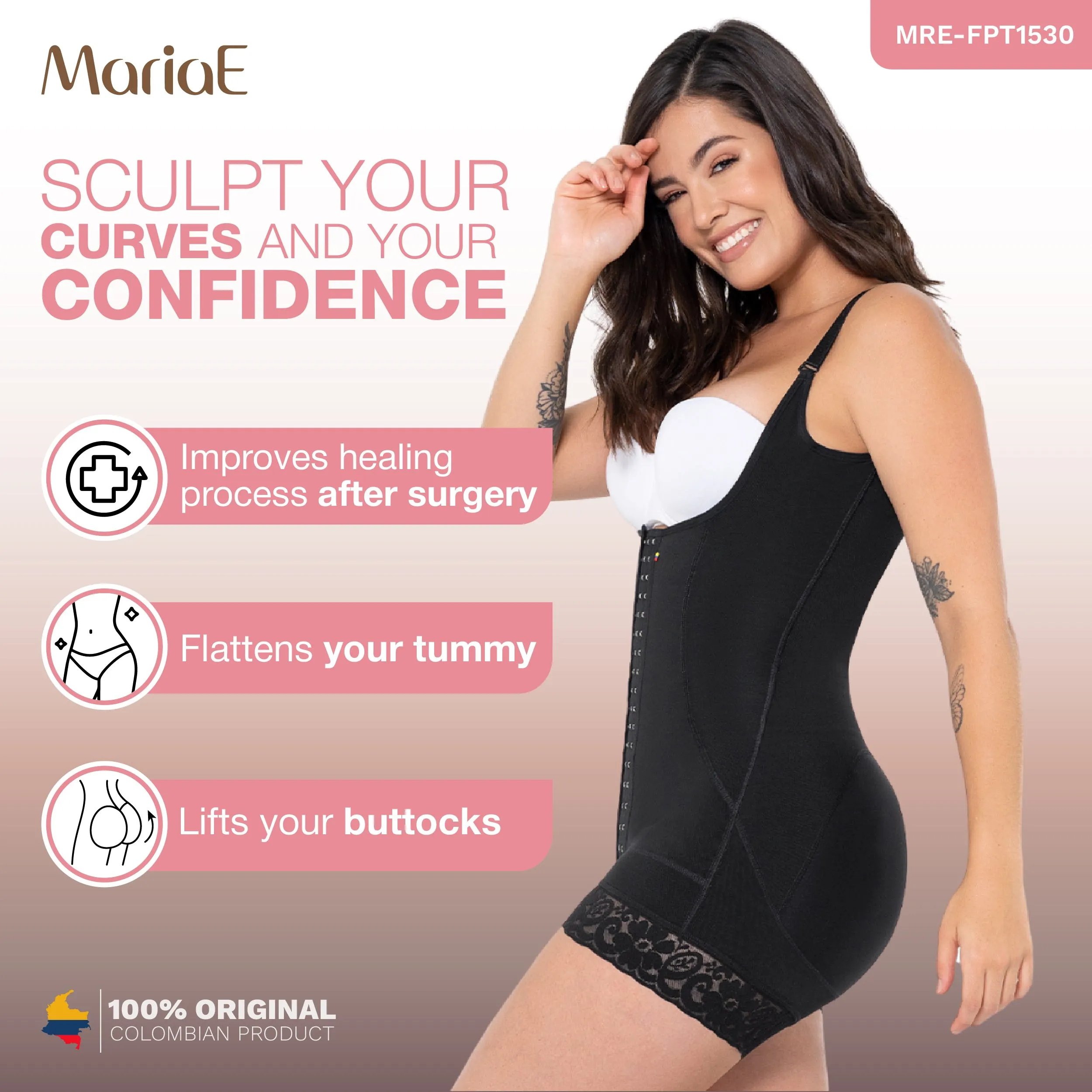 MARIAE FPT1530 Post Surgery High Compression Garment Mid Thigh & Open Bust Stage 2 Faja Colombiana