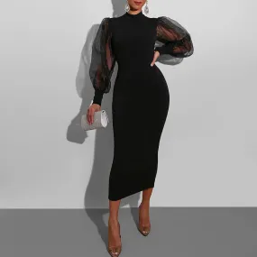 Mesh Puff Long Sleeve Bodycon  Dress Women High Neck Sexy Split Pencil Black Slim Women Party Dress