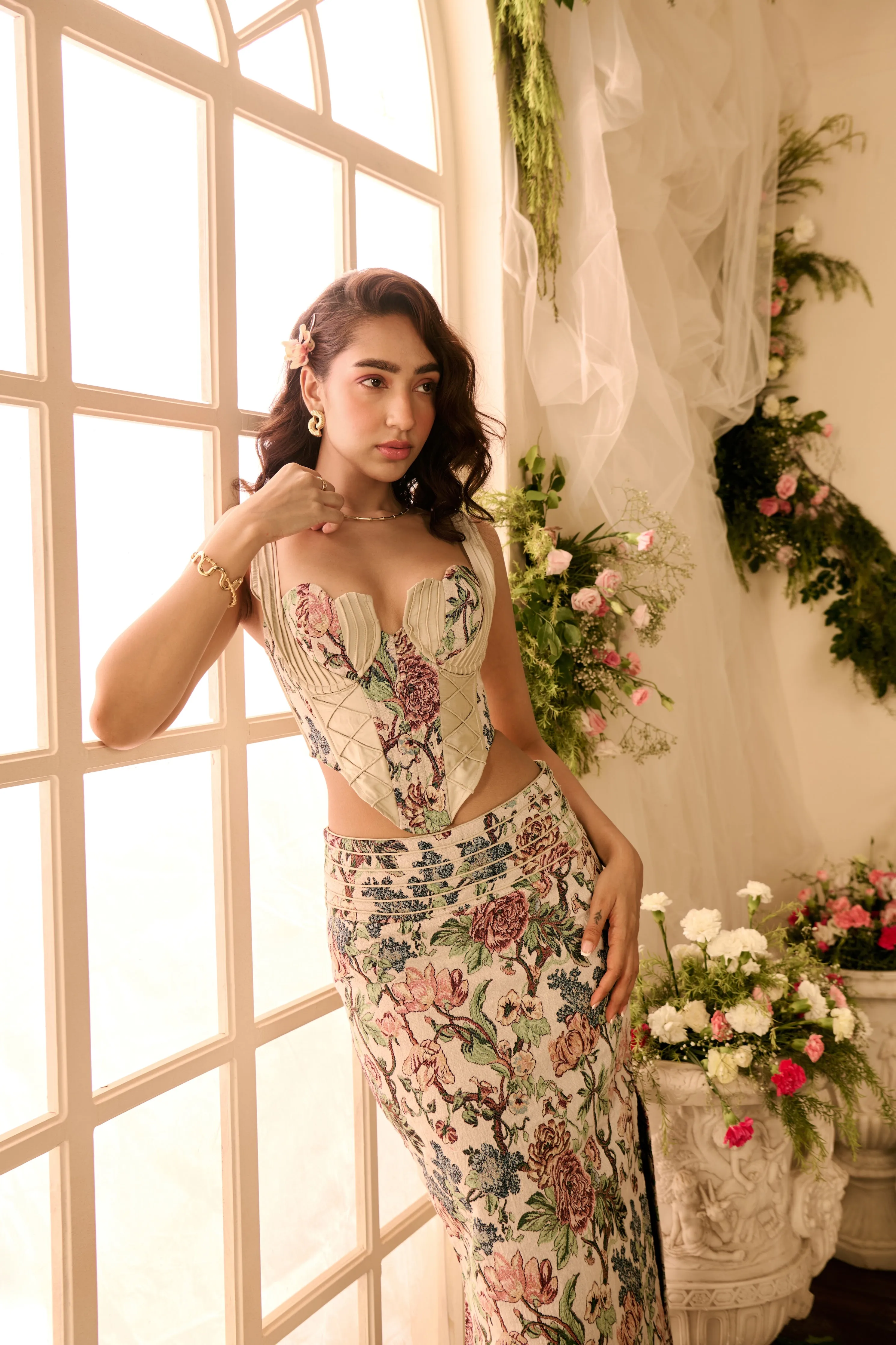 Mileva Floral Jacquard Corset Skirt Set