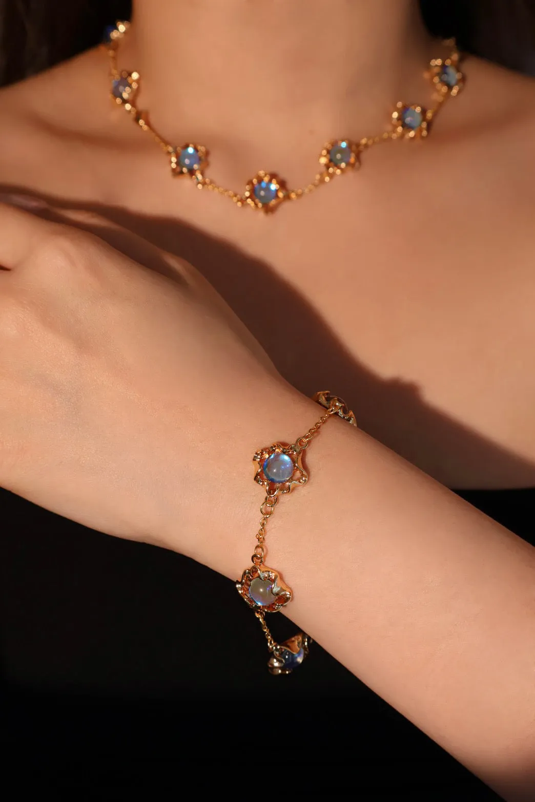 Multi Wearing Deep Blue Moonstones Bracelet Necklace (Waist Chain)