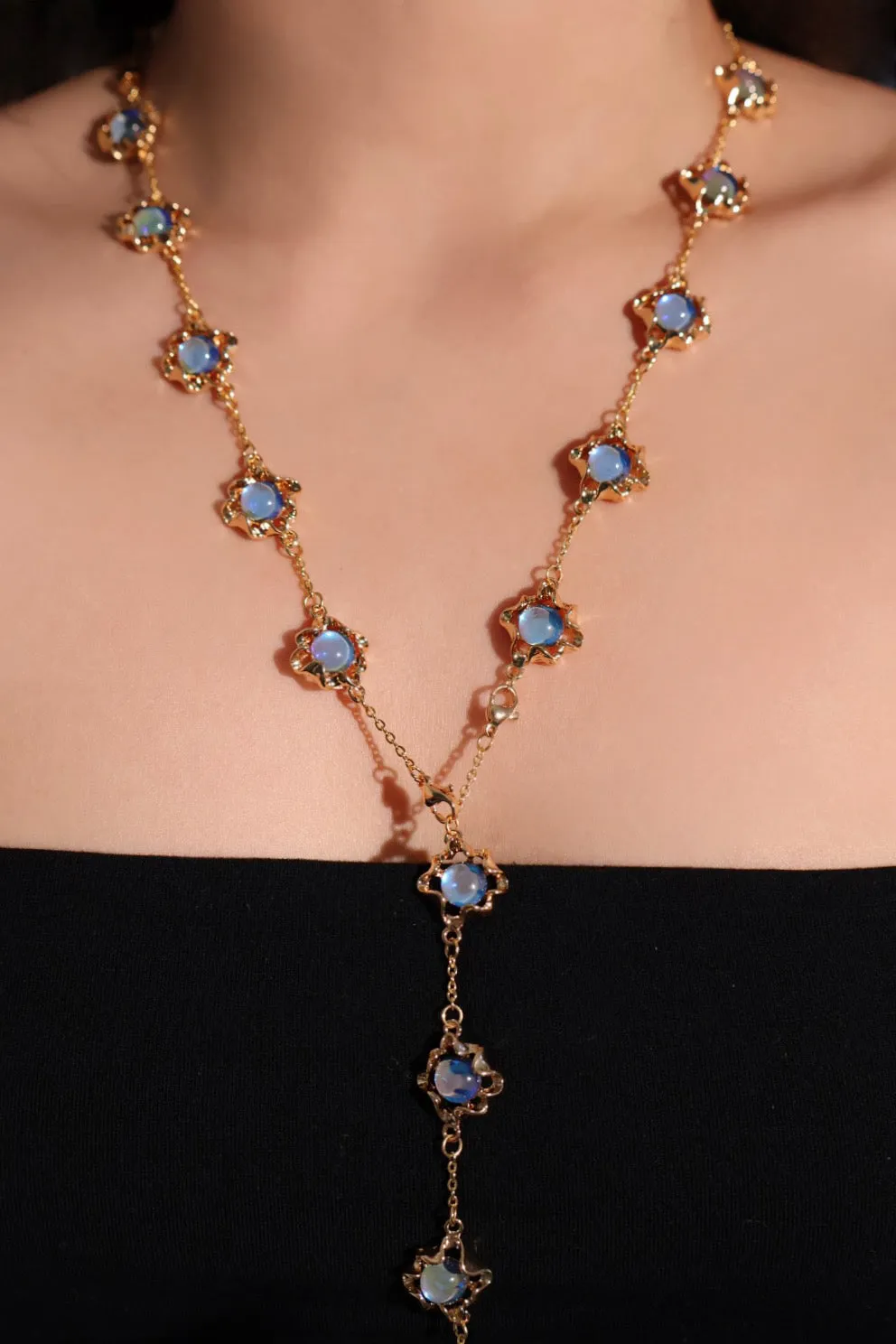 Multi Wearing Deep Blue Moonstones Bracelet Necklace (Waist Chain)