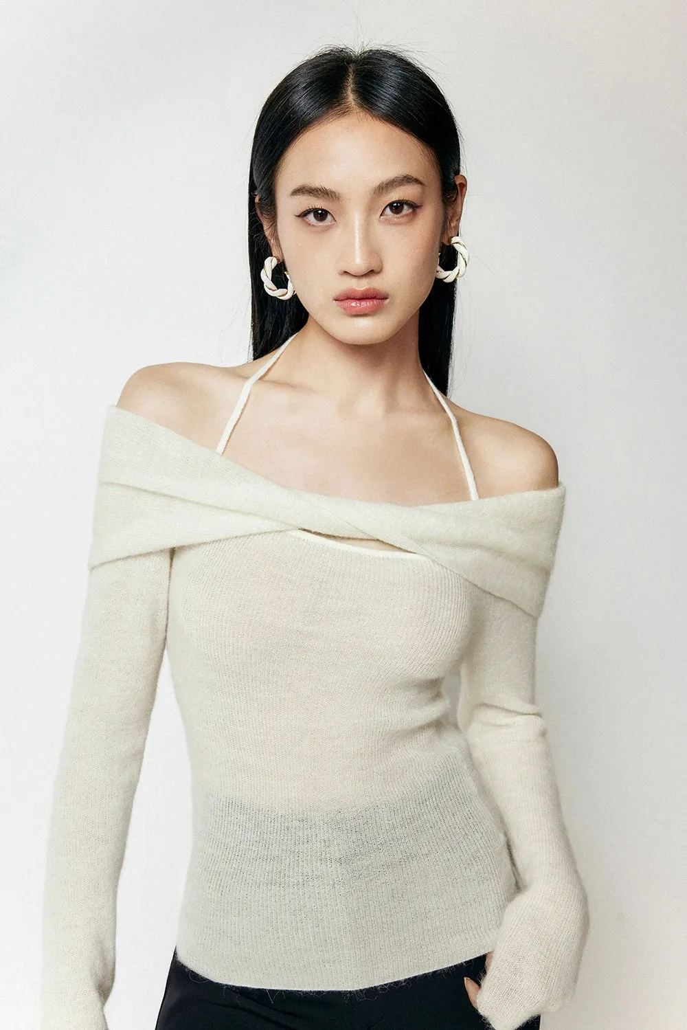 Off-Shoulder Ribbed Long Sleeve Halter-Neck Sweater Top