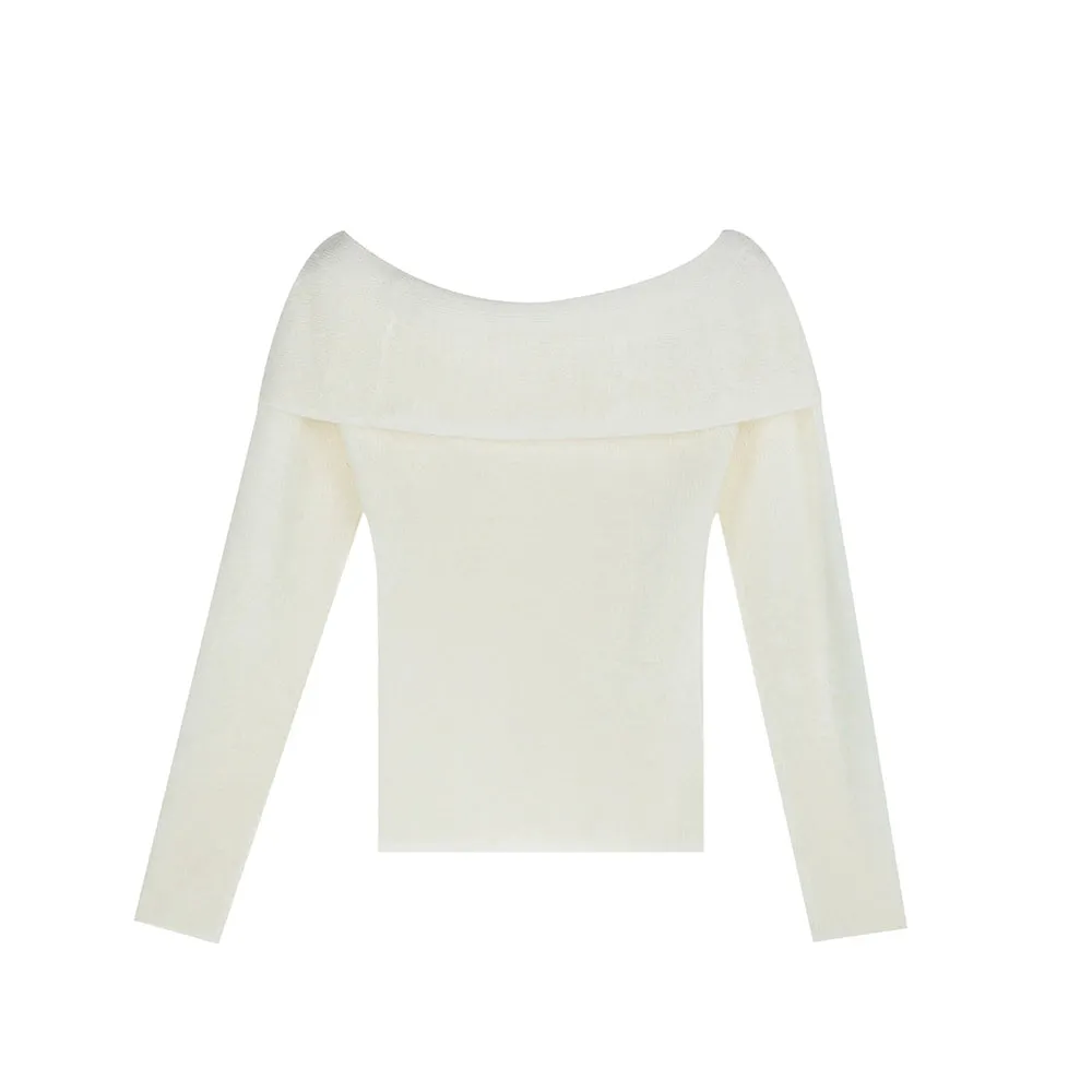 Off-Shoulder Ribbed Long Sleeve Halter-Neck Sweater Top