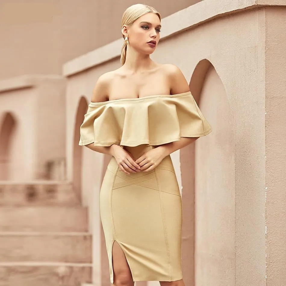 Off Shoulder Ruffles Runway Bandage Dress