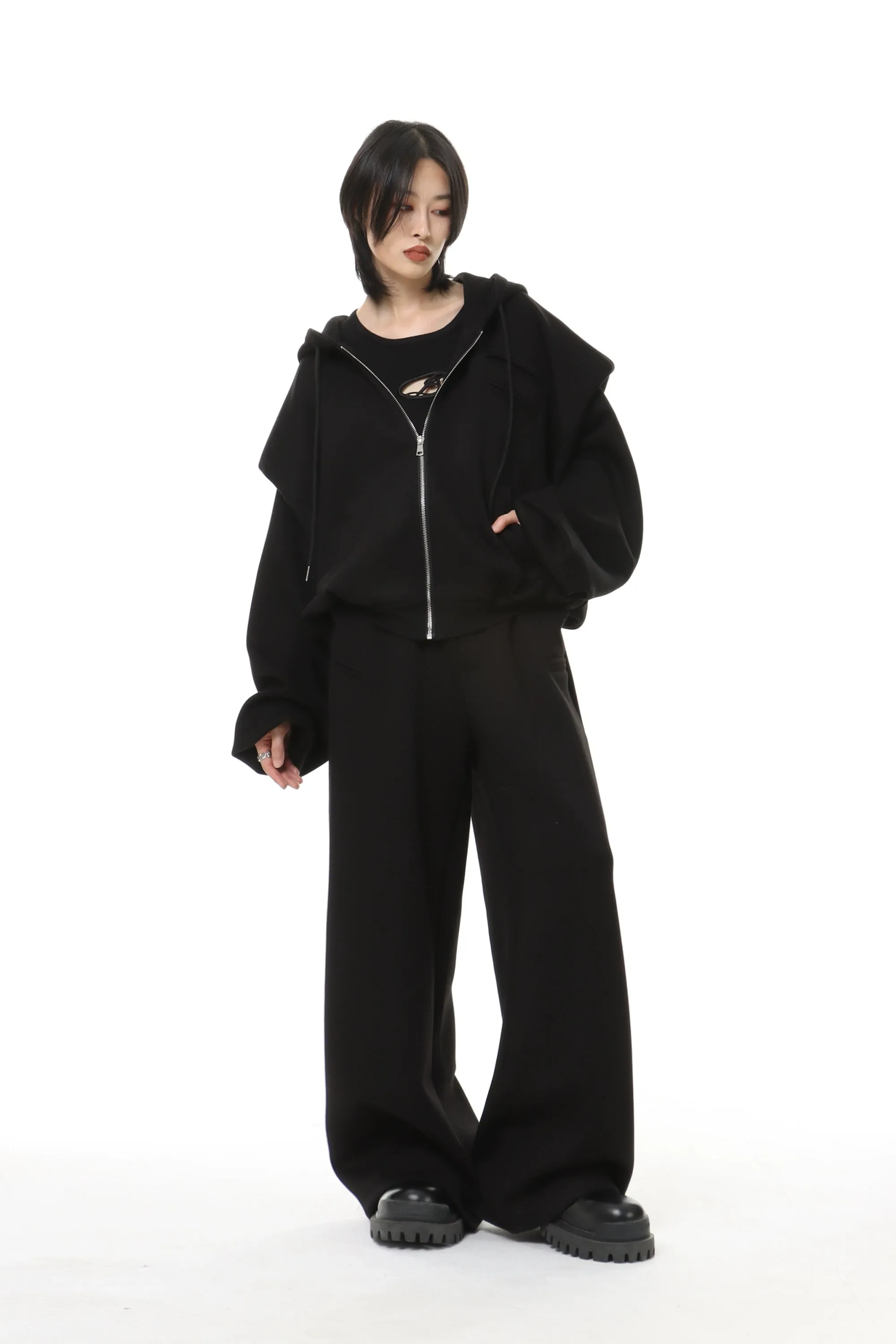 Oversized Cropped Zip Hoodie and Wide-Leg Sweatpant Tracksuit Set