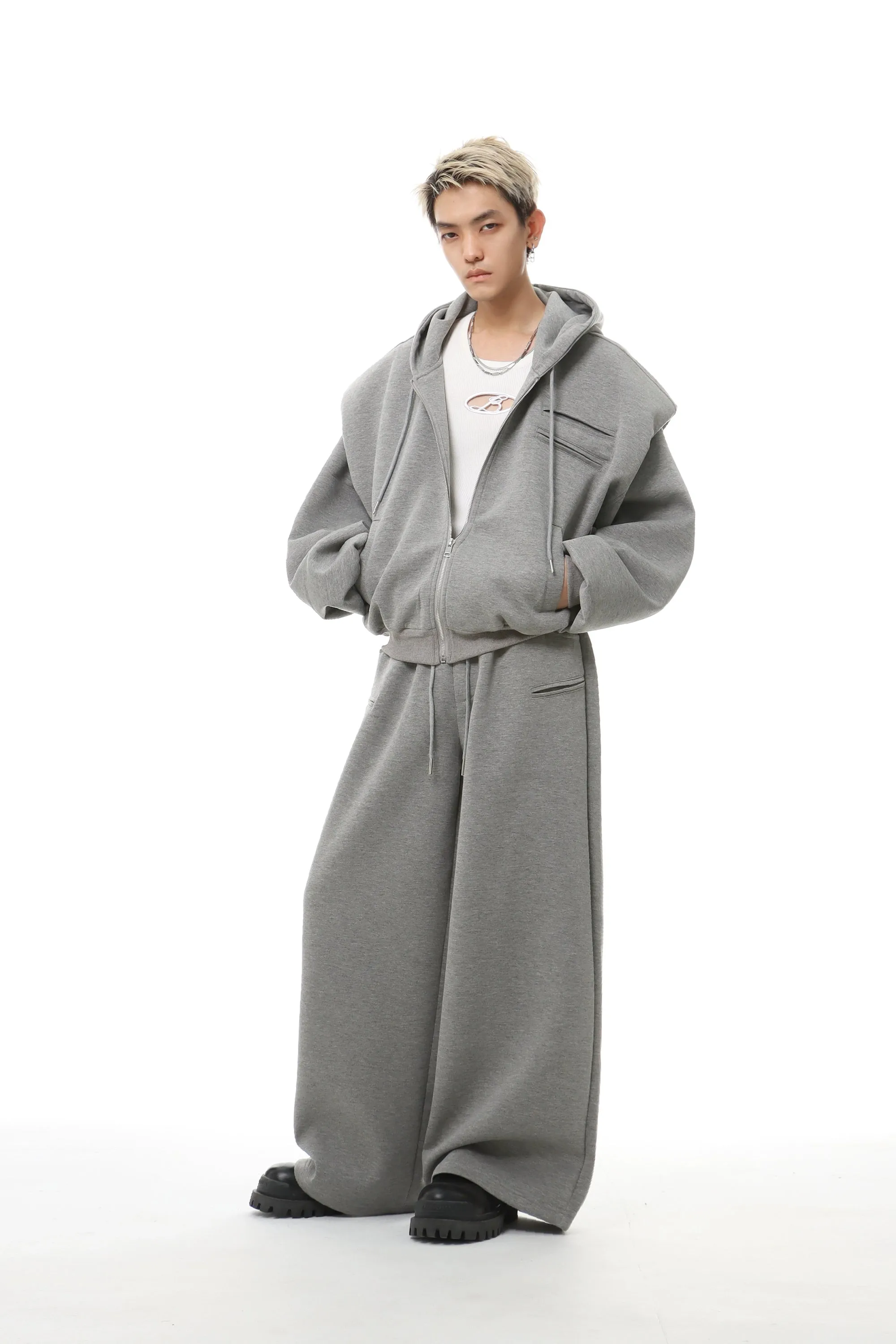 Oversized Cropped Zip Hoodie and Wide-Leg Sweatpant Tracksuit Set