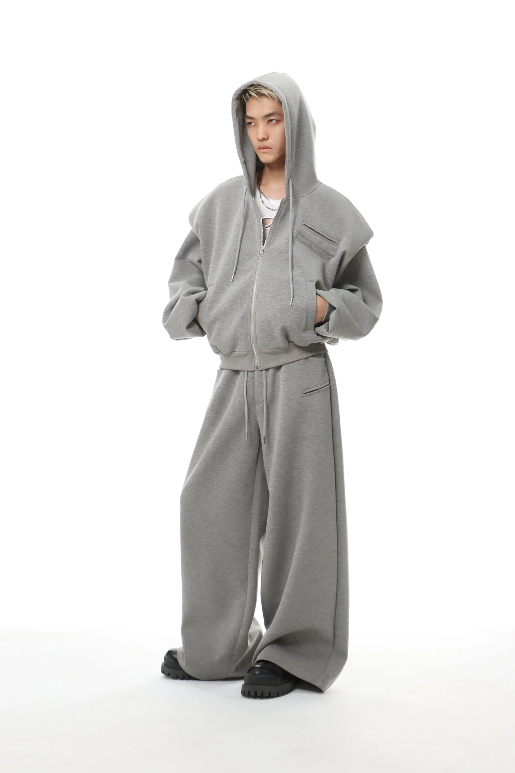 Oversized Cropped Zip Hoodie and Wide-Leg Sweatpant Tracksuit Set