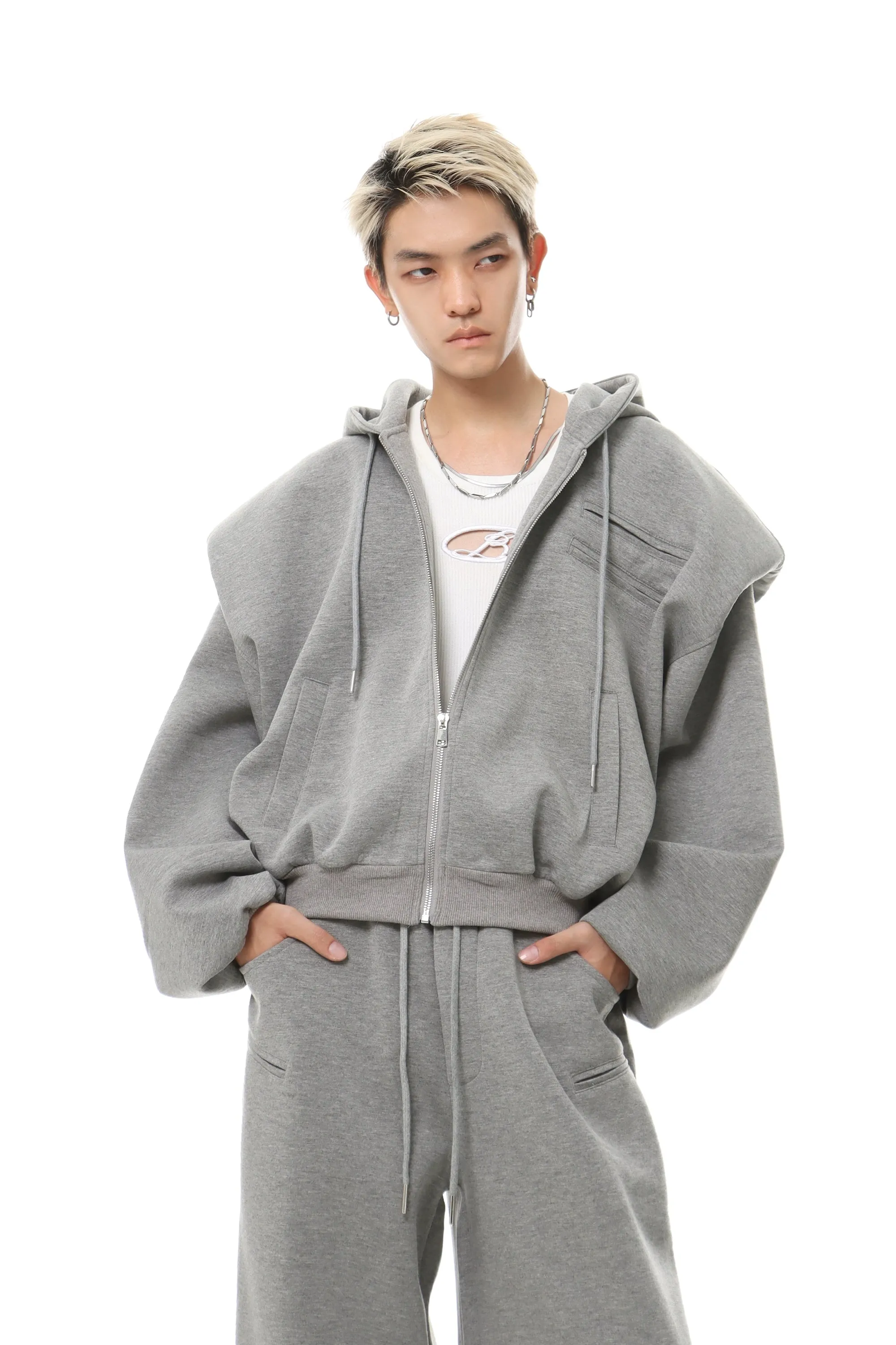 Oversized Cropped Zip Hoodie and Wide-Leg Sweatpant Tracksuit Set