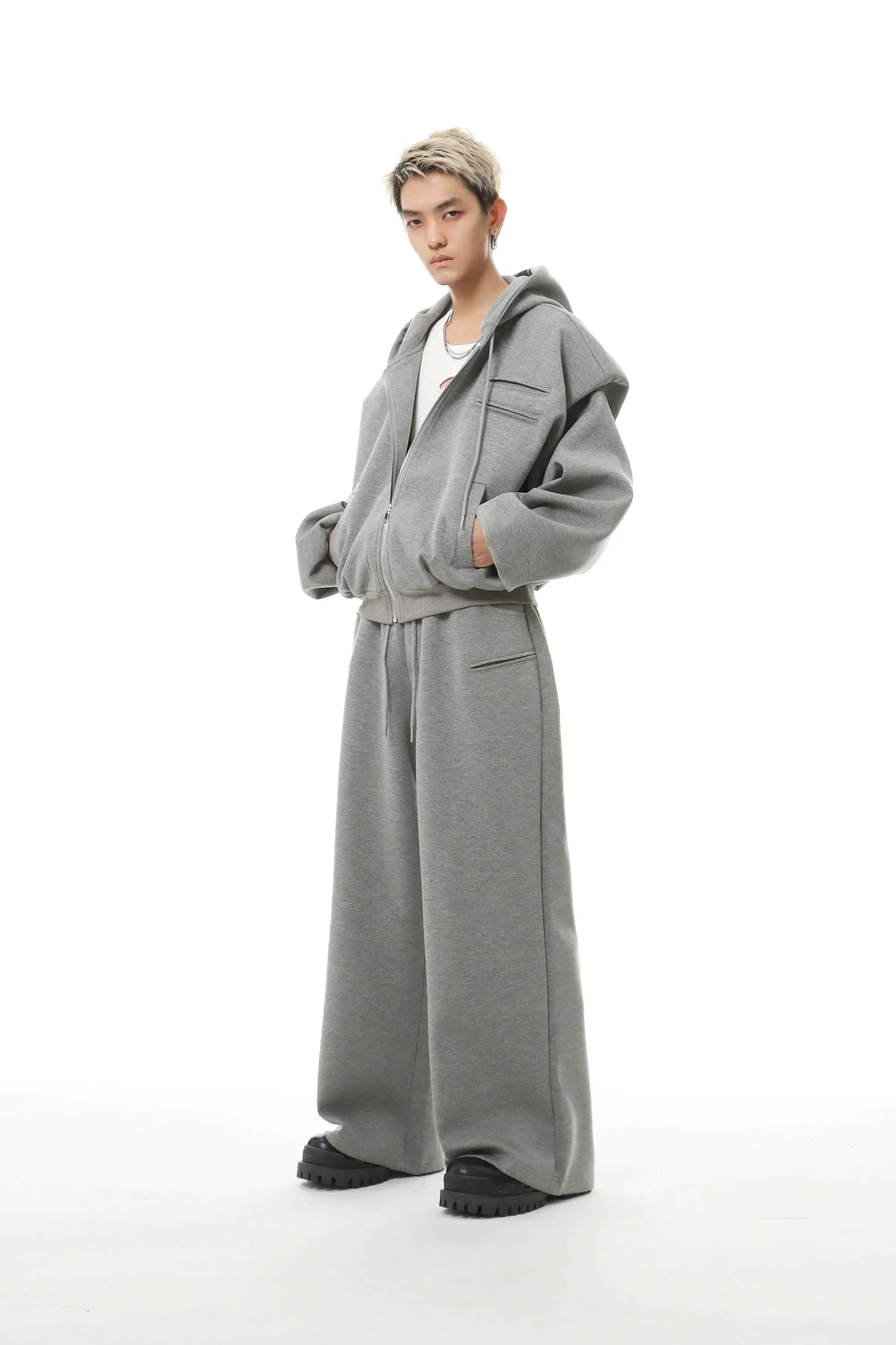 Oversized Cropped Zip Hoodie and Wide-Leg Sweatpant Tracksuit Set