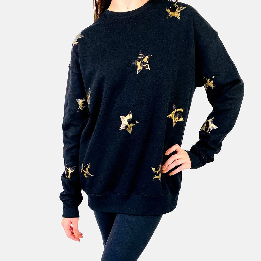 Poppy Cozy Chic Black Sweatshirt - Gold Foil Cheetah Stars