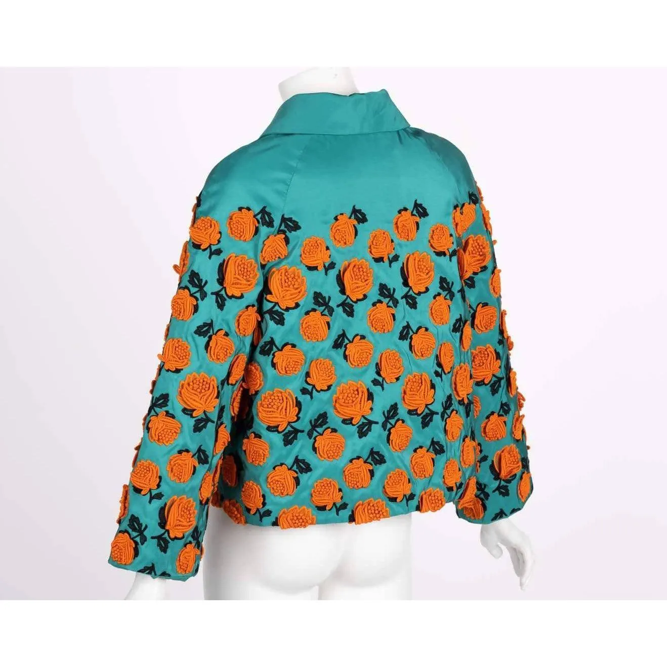 PRADA Turquoise Silk Taffeta Floral Applique Jacket Spring 2012 | Size S/M