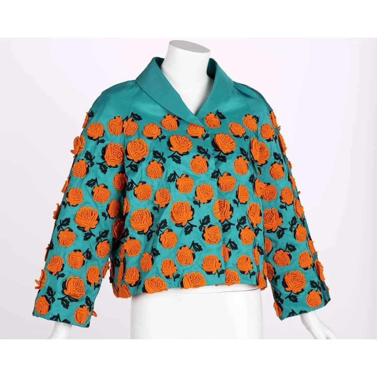 PRADA Turquoise Silk Taffeta Floral Applique Jacket Spring 2012 | Size S/M