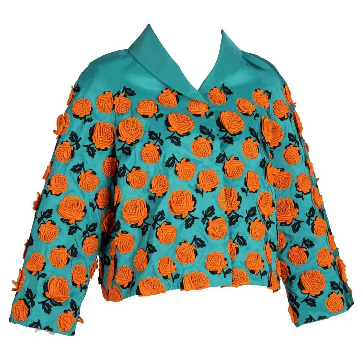 PRADA Turquoise Silk Taffeta Floral Applique Jacket Spring 2012 | Size S/M