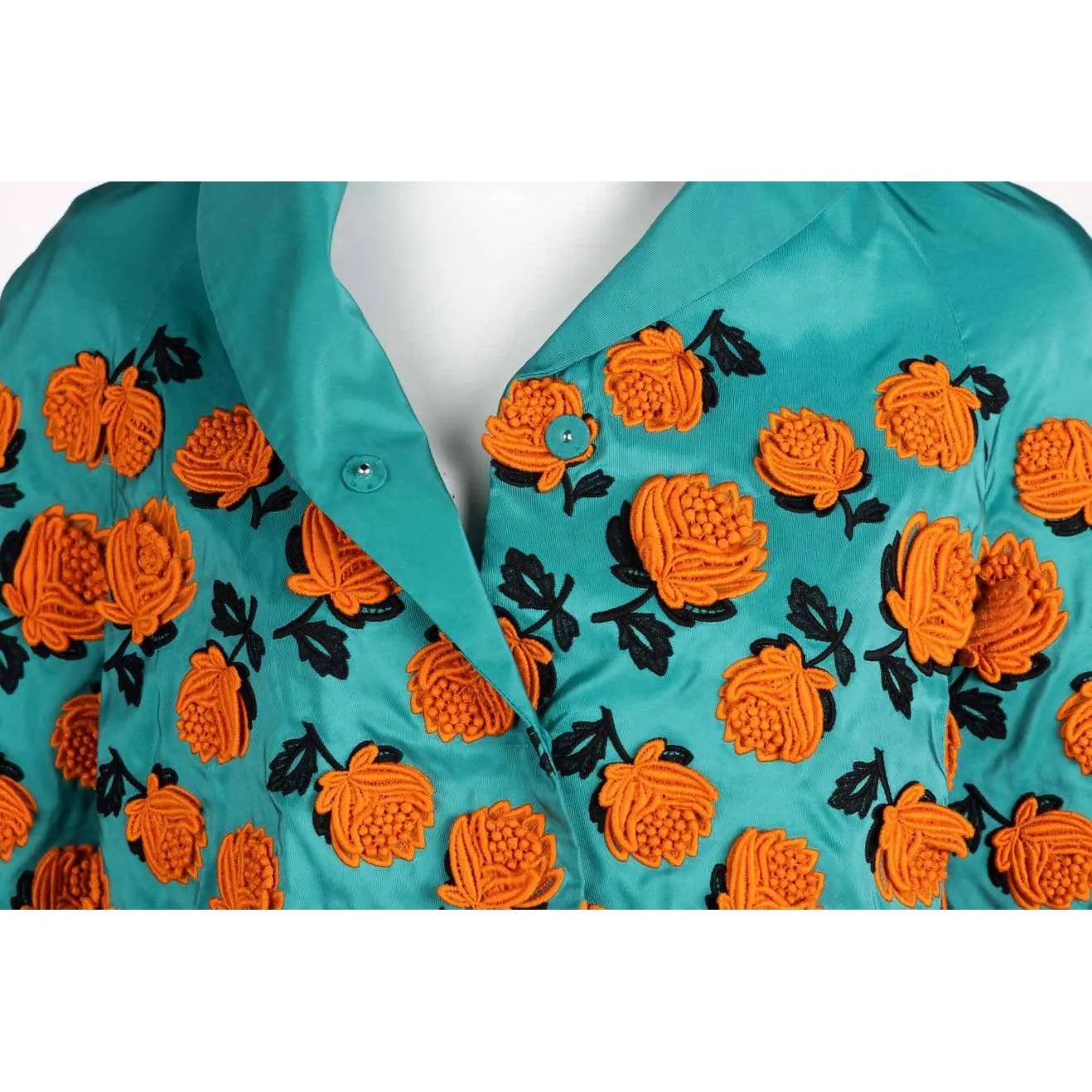 PRADA Turquoise Silk Taffeta Floral Applique Jacket Spring 2012 | Size S/M