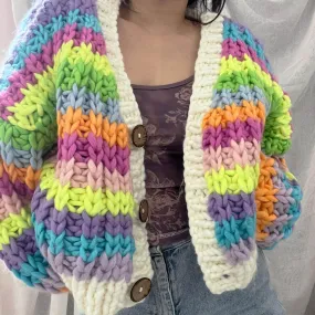 Rainbow Striped Deep V Neck Button Up Crochet Knit Oversized Chunky Yarn Cardigan