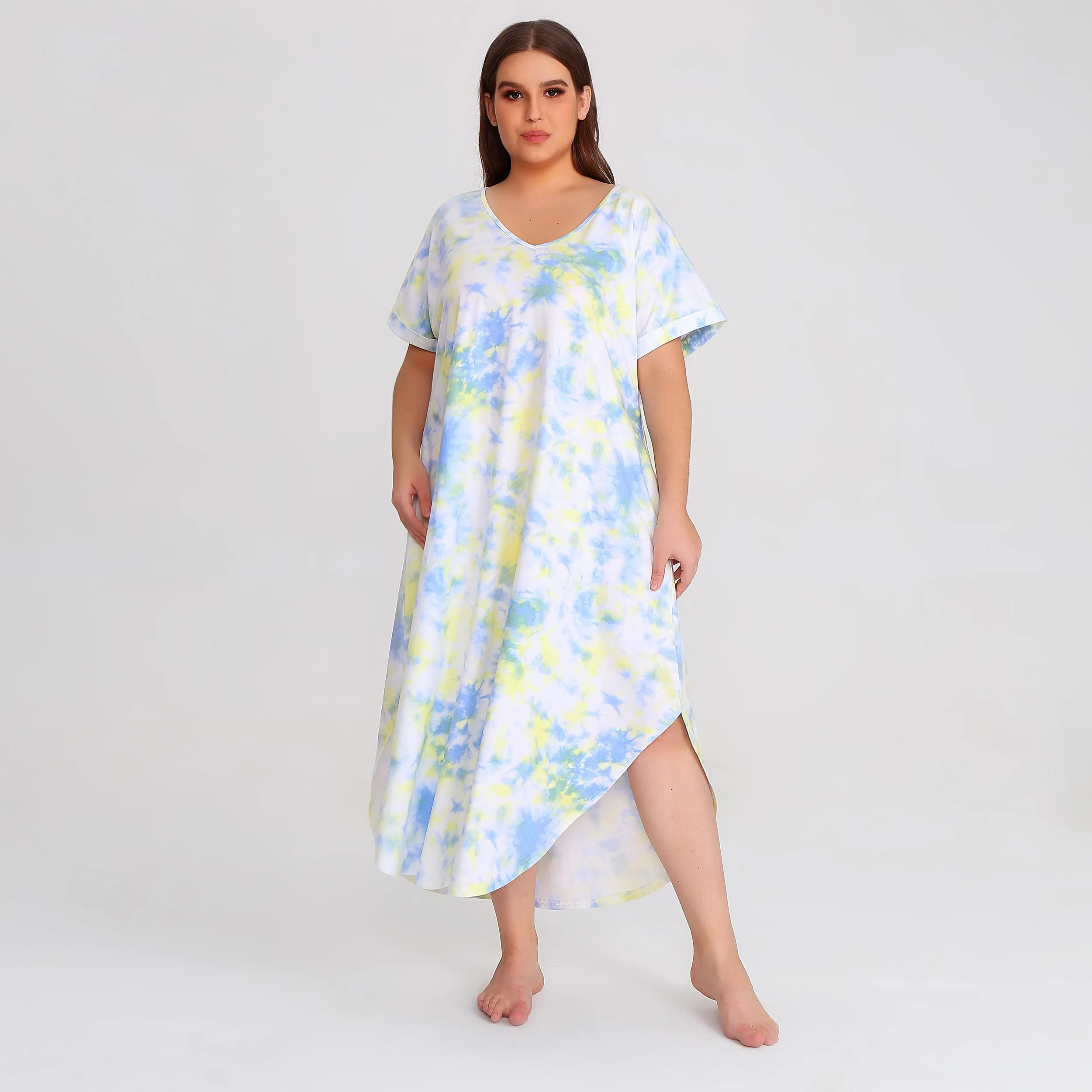 RH Shortsleeve Plus size Nightgown Womens V-Neck Sleepwear Lounge Shirt Pajama Dress PRHW2895