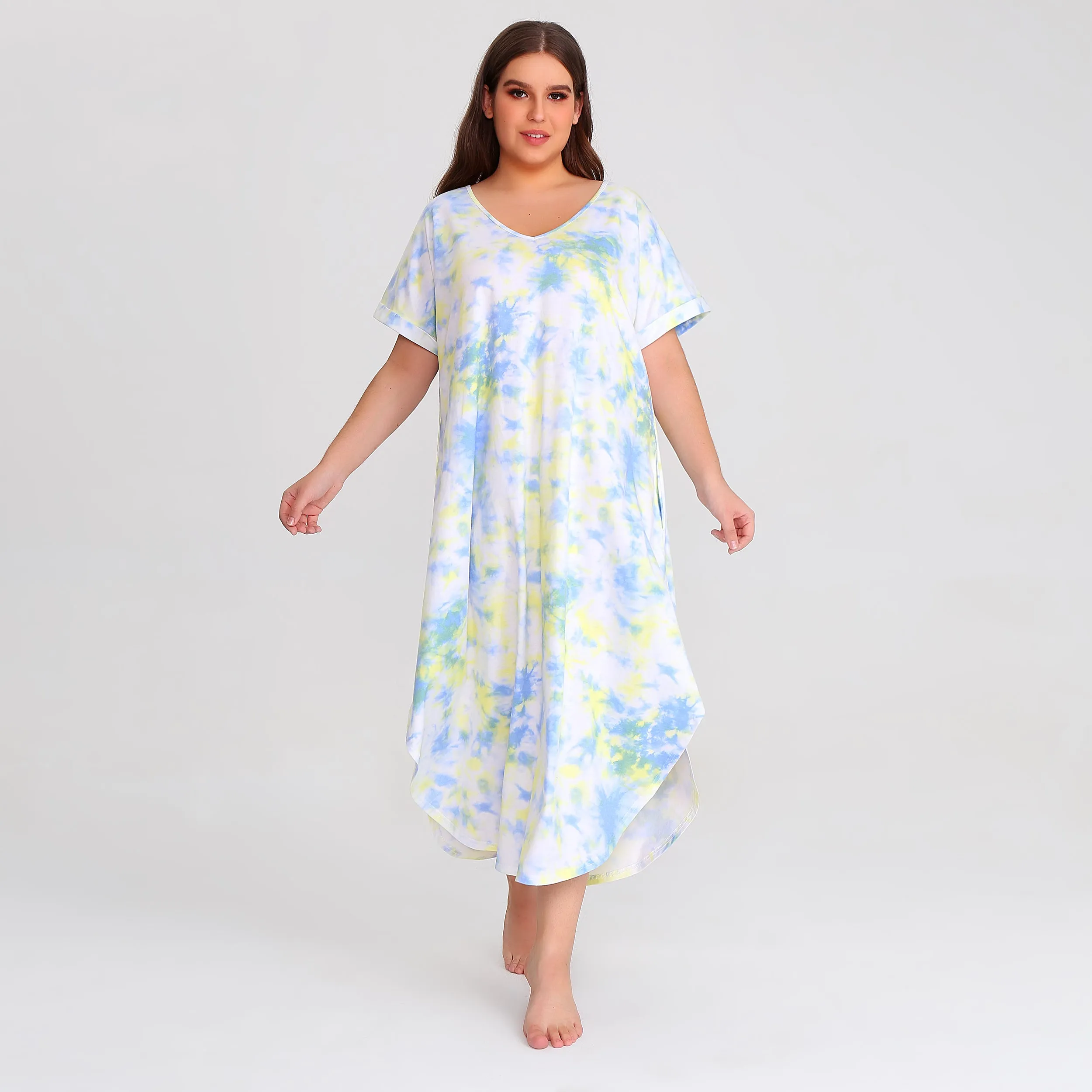 RH Shortsleeve Plus size Nightgown Womens V-Neck Sleepwear Lounge Shirt Pajama Dress PRHW2895