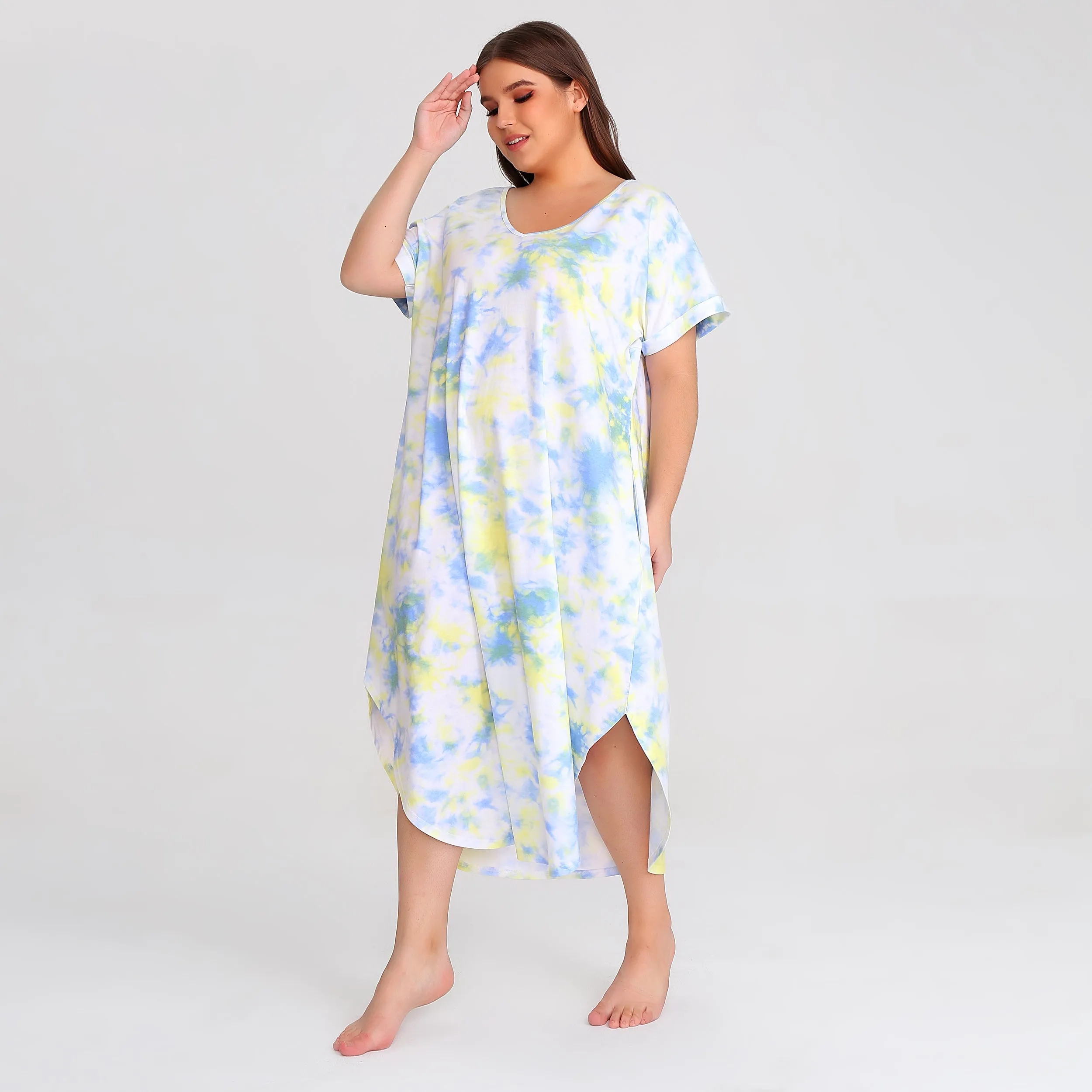 RH Shortsleeve Plus size Nightgown Womens V-Neck Sleepwear Lounge Shirt Pajama Dress PRHW2895