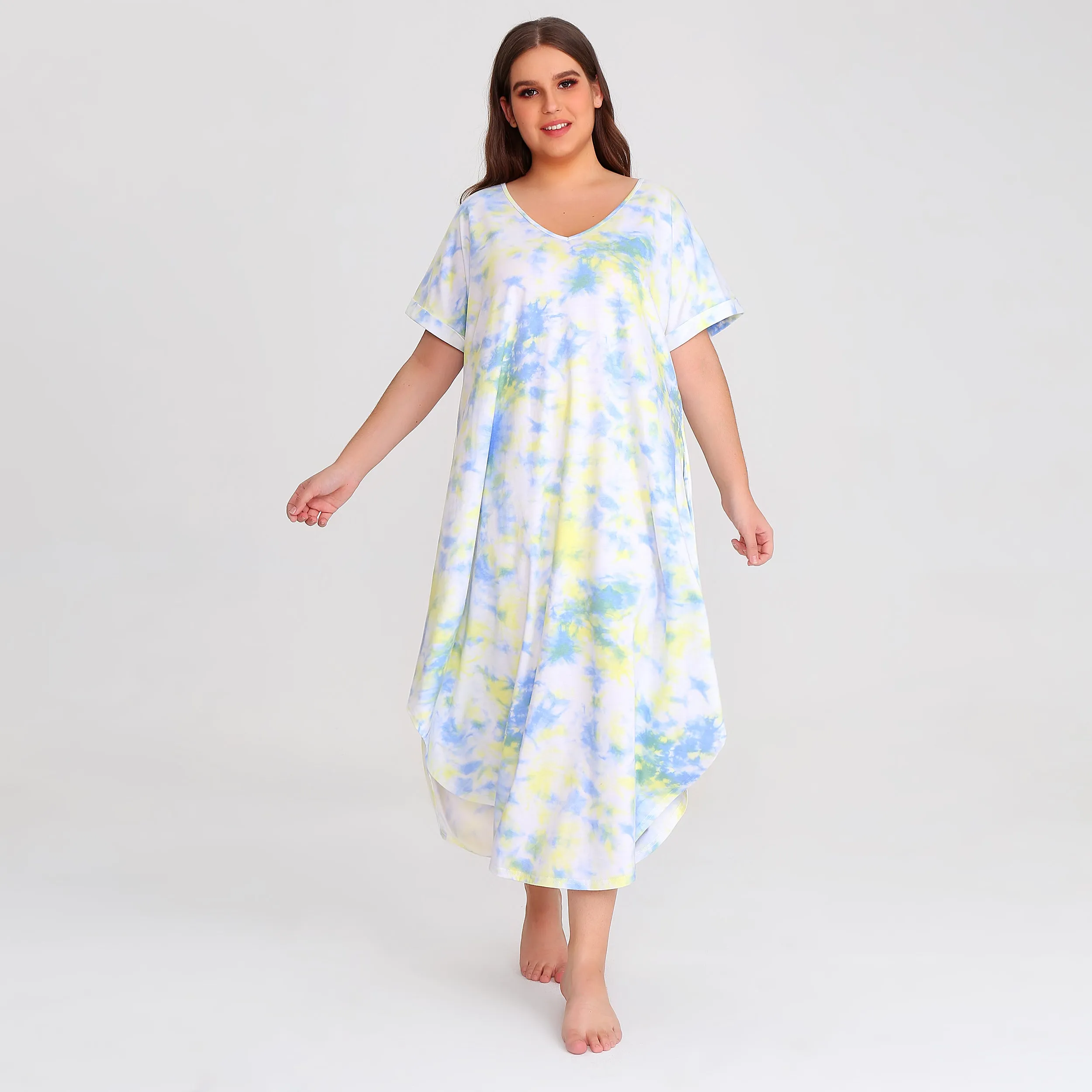 RH Shortsleeve Plus size Nightgown Womens V-Neck Sleepwear Lounge Shirt Pajama Dress PRHW2895