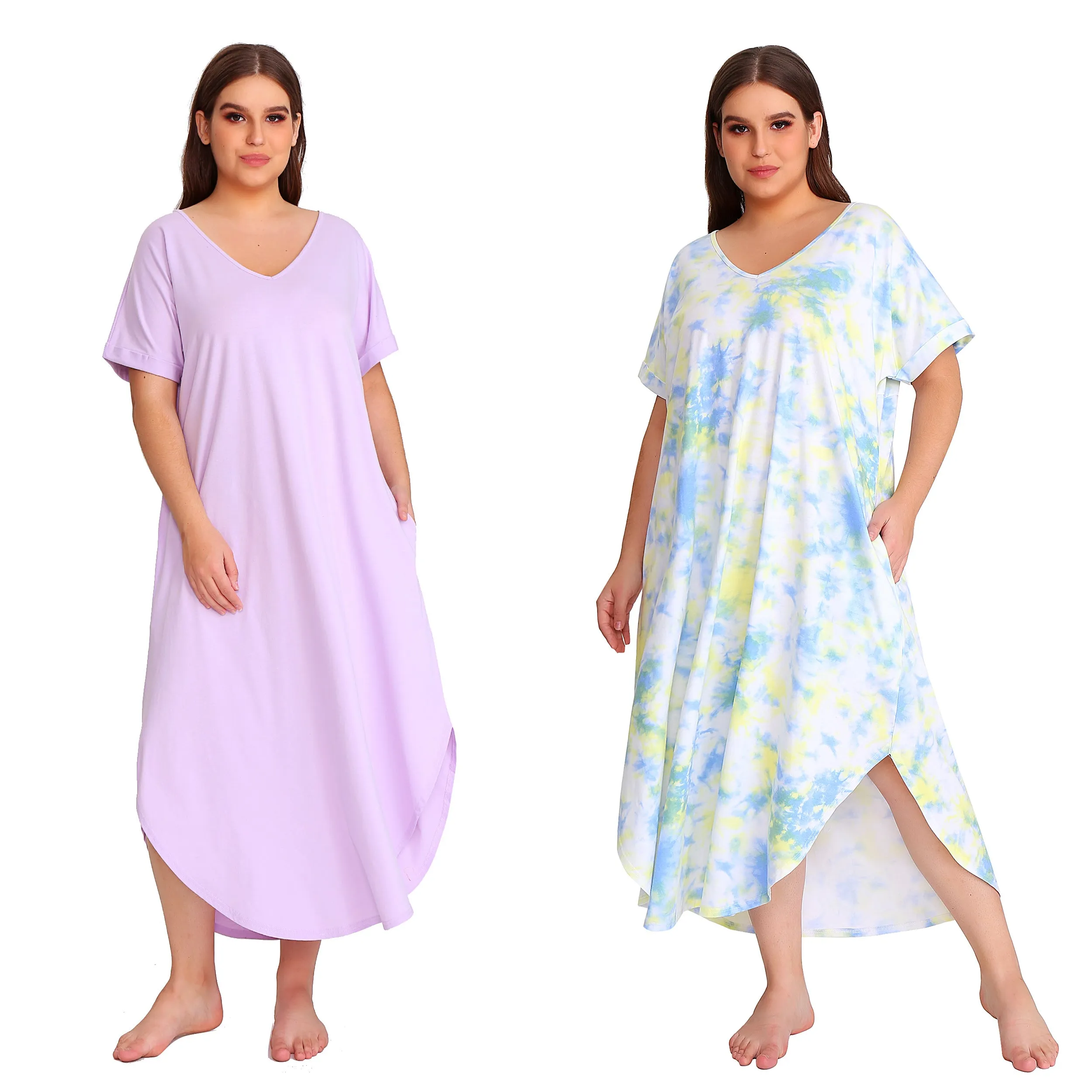 RH Shortsleeve Plus size Nightgown Womens V-Neck Sleepwear Lounge Shirt Pajama Dress PRHW2895