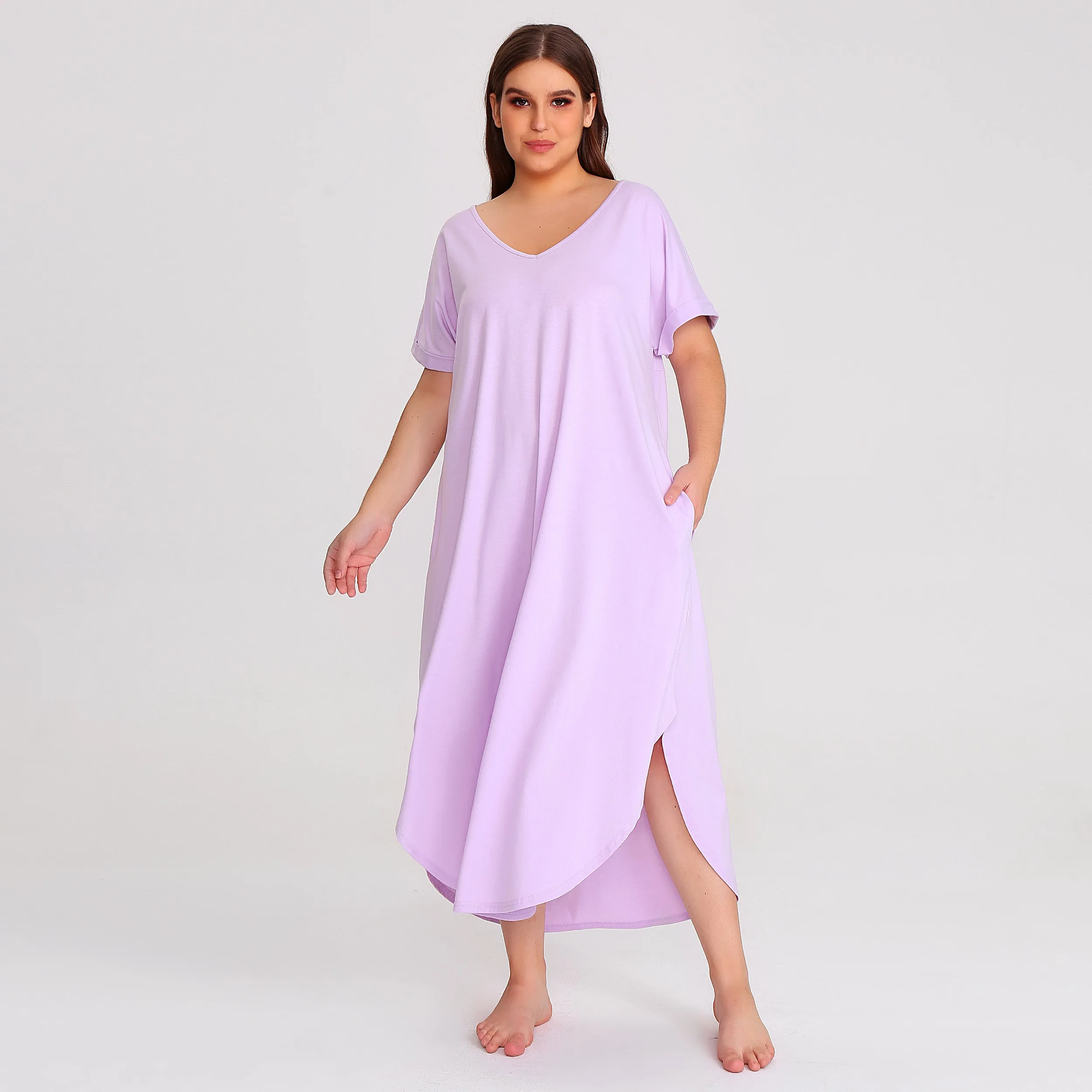 RH Shortsleeve Plus size Nightgown Womens V-Neck Sleepwear Lounge Shirt Pajama Dress PRHW2895