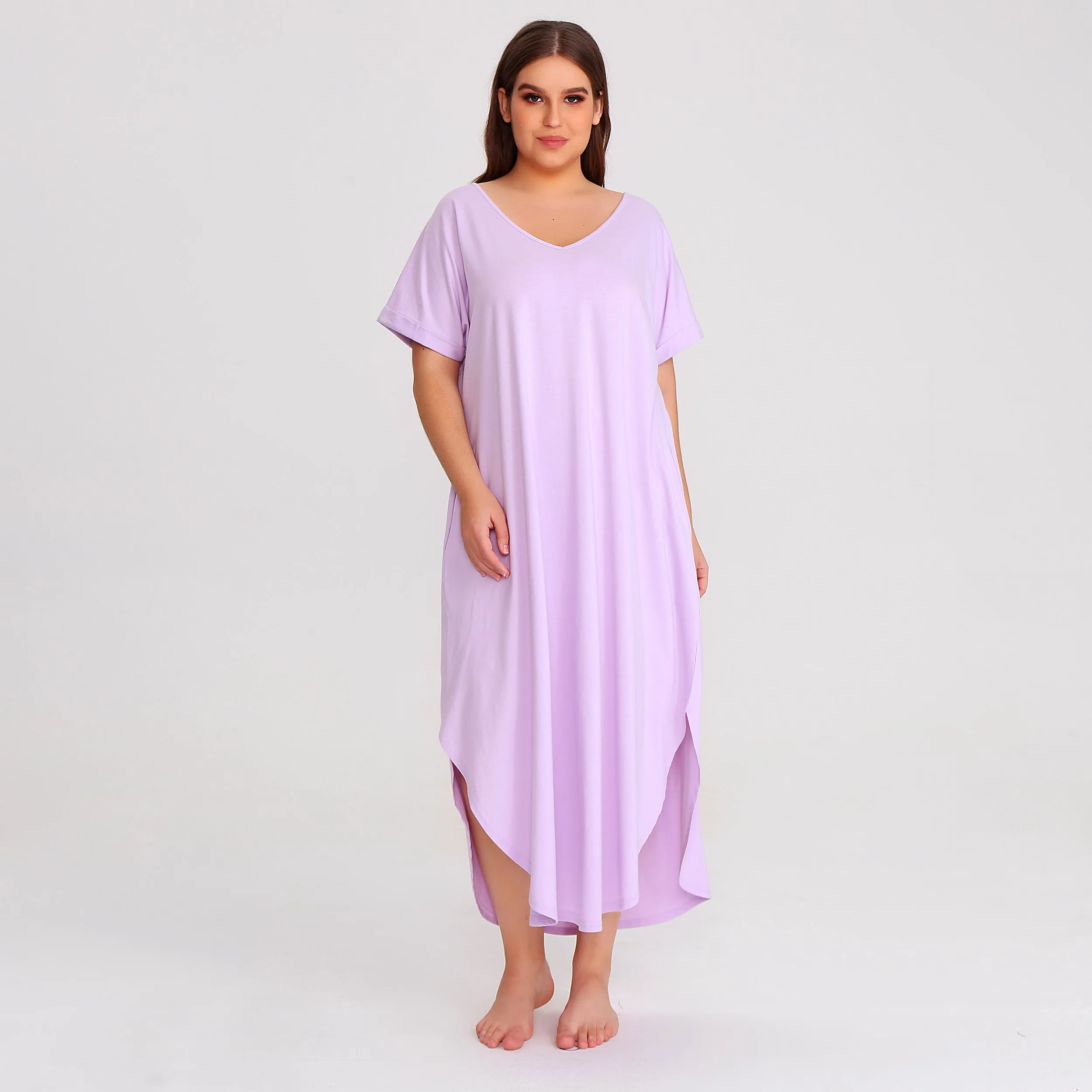 RH Shortsleeve Plus size Nightgown Womens V-Neck Sleepwear Lounge Shirt Pajama Dress PRHW2895