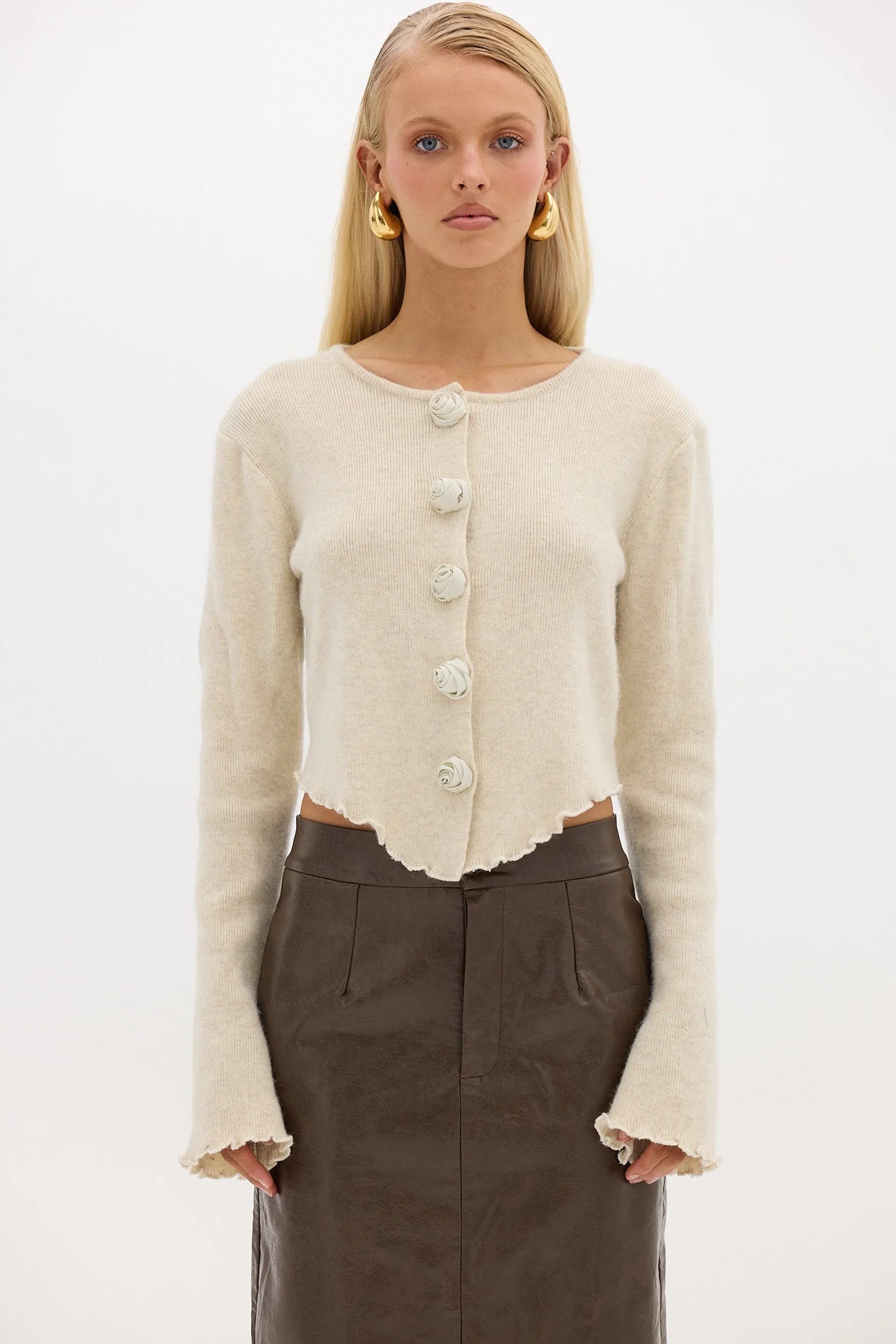 Rosette Knit Cardigan - Oatmeal