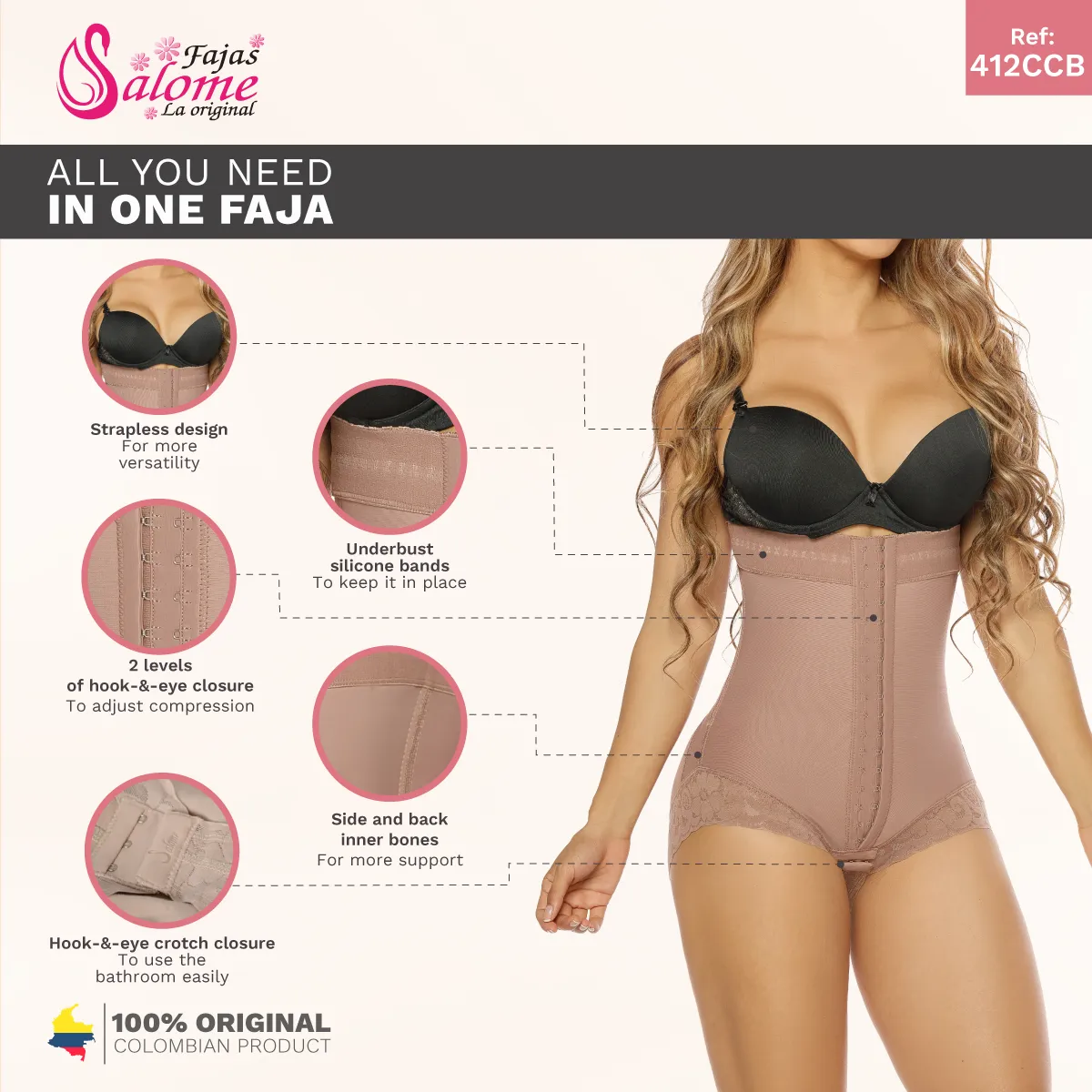 Salome 412-CCB | Slimming Strapless Tummy Control Panty Shapewear Bodysuit