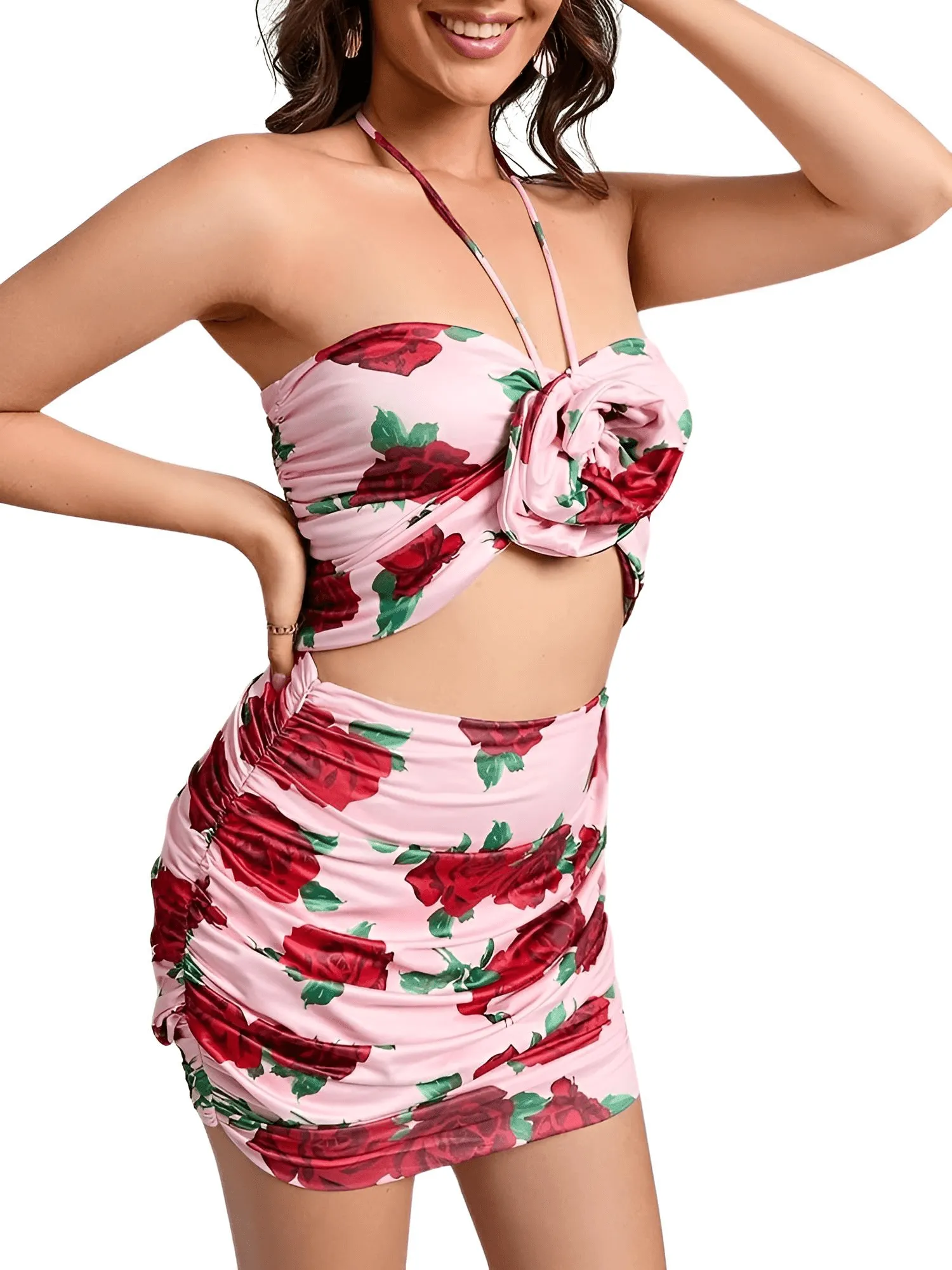 Sexy Floral Mini Pink Body-con 2 Piece Set