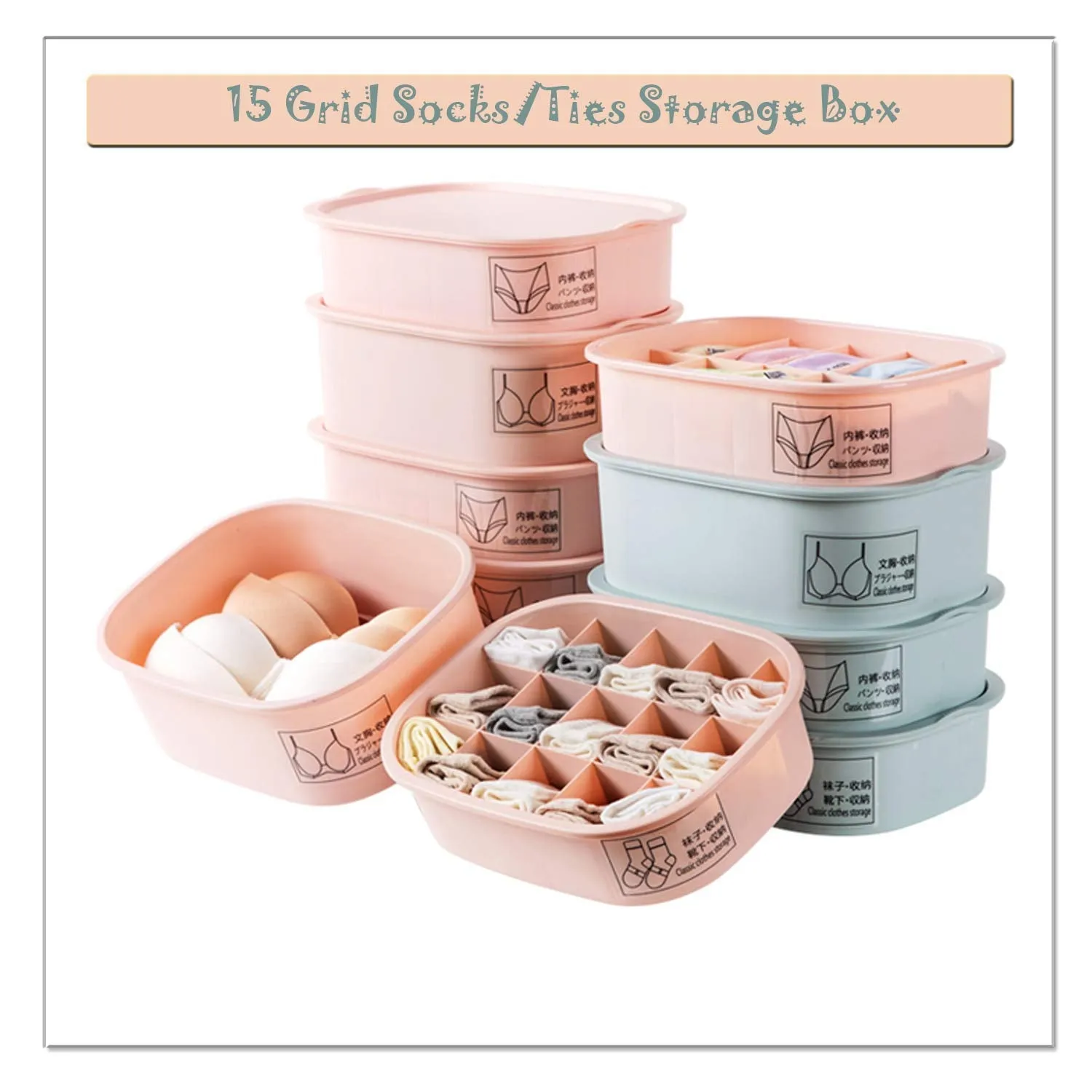 Stackable 15 Grid plastic innerwear undergarment socks storage organizer box