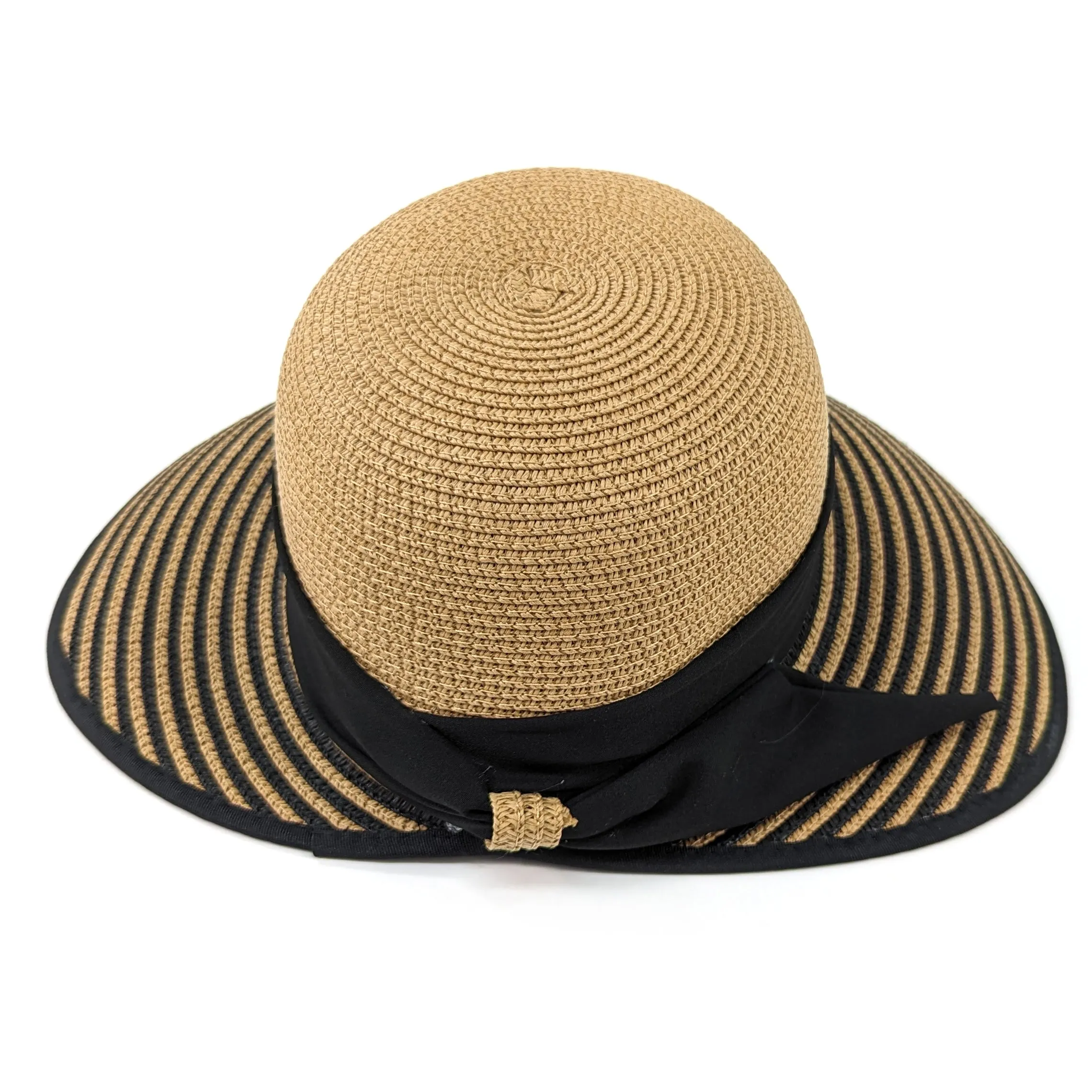 Stripey Open Back Foldable Hat - Dark Natural