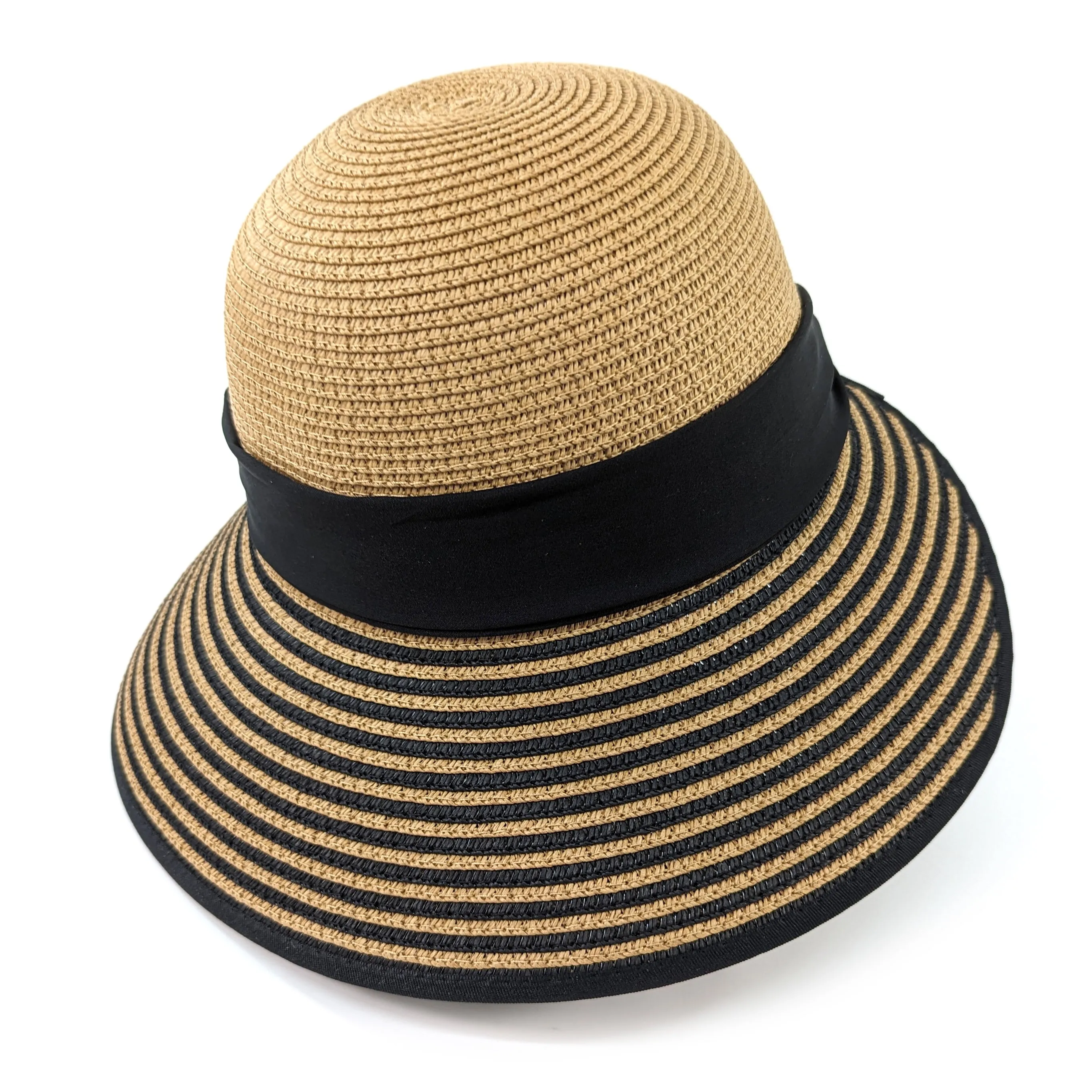 Stripey Open Back Foldable Hat - Dark Natural