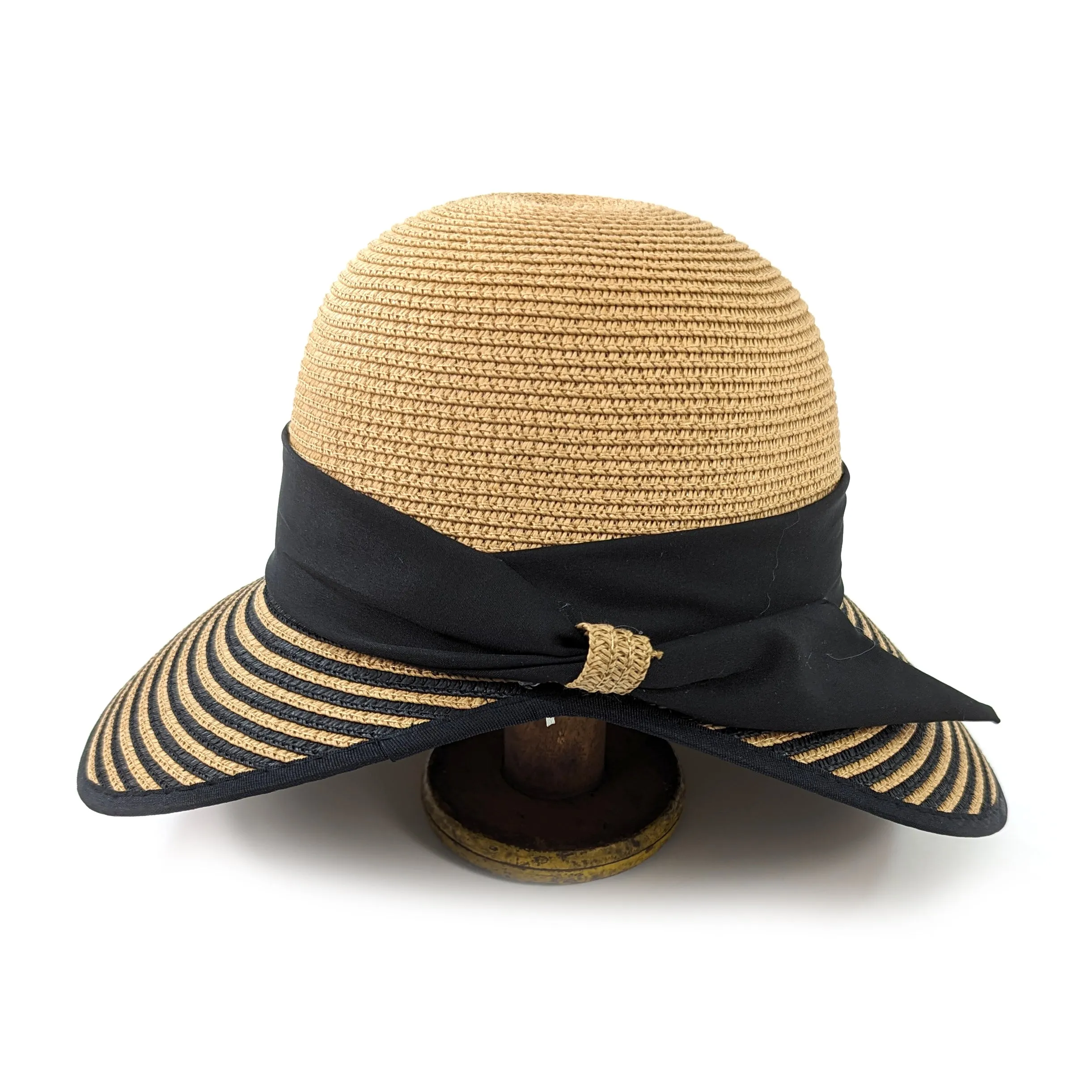 Stripey Open Back Foldable Hat - Dark Natural