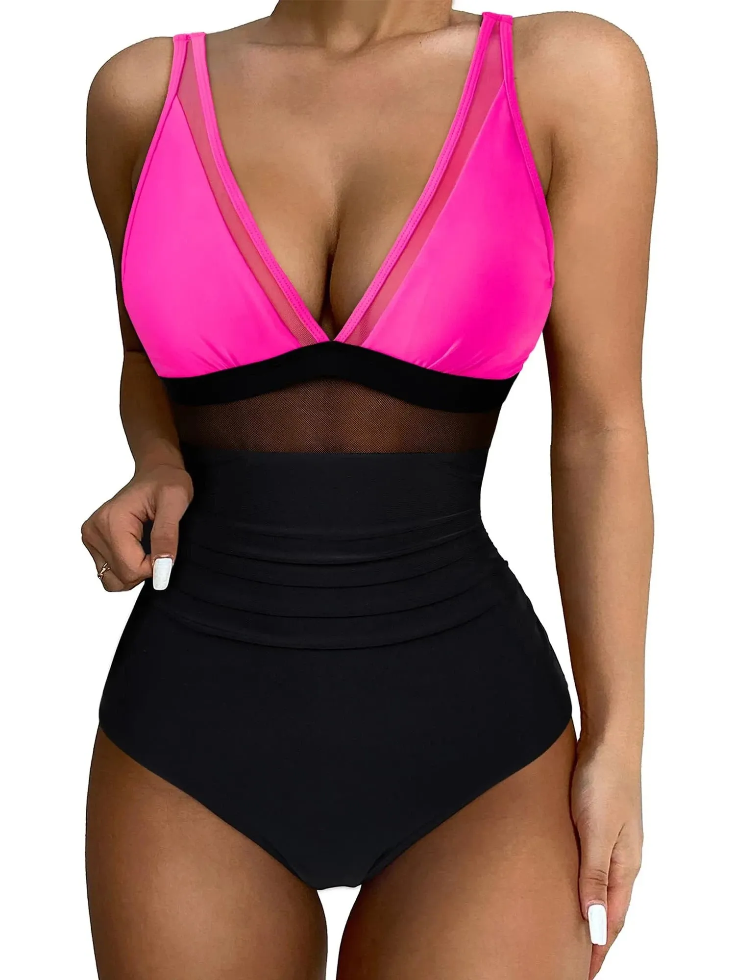 SUUKSESS Women Sexy Mesh Tummy Control Swimsuit Push Up High Waisted Bathing Suit