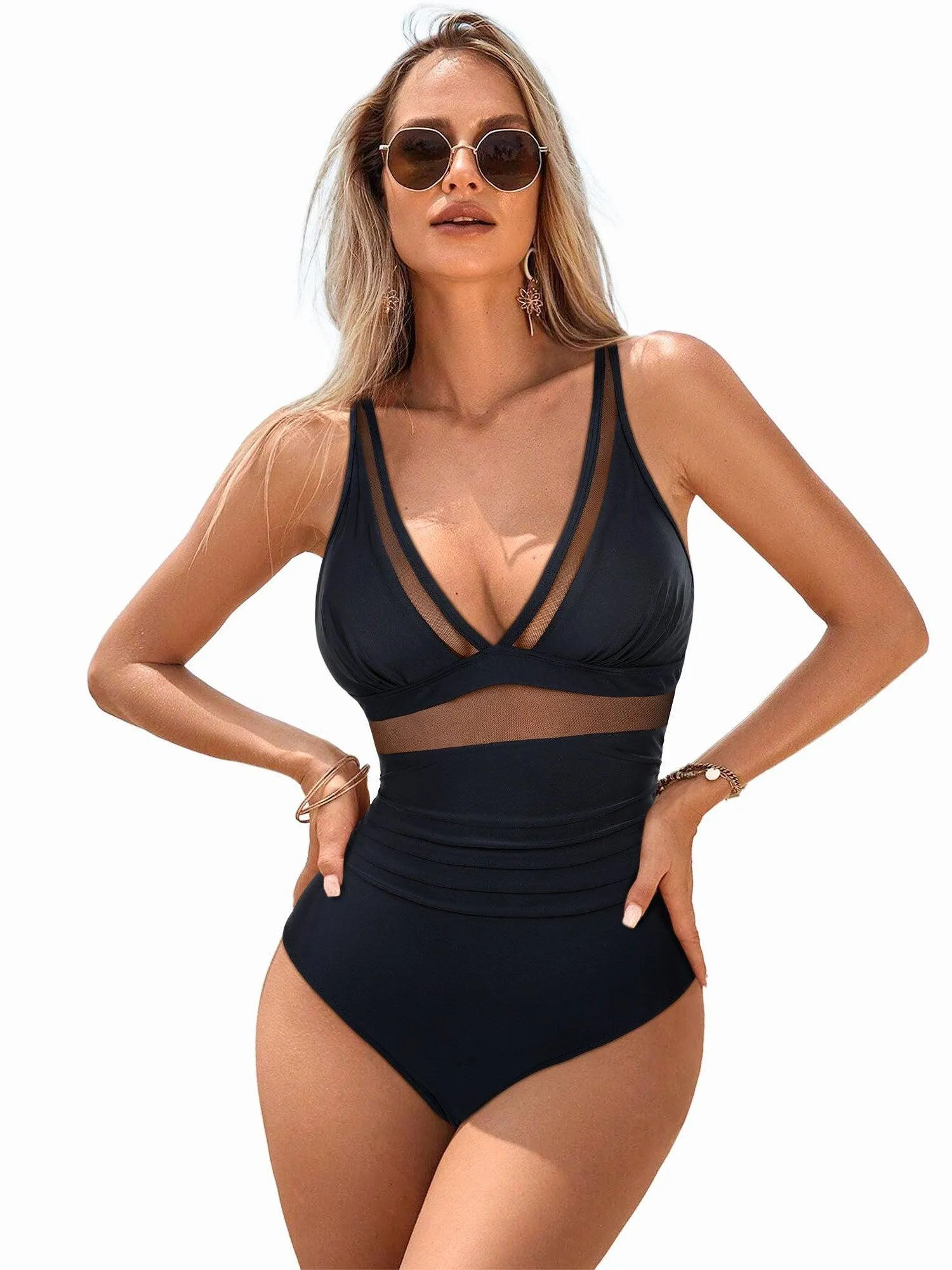 SUUKSESS Women Sexy Mesh Tummy Control Swimsuit Push Up High Waisted Bathing Suit